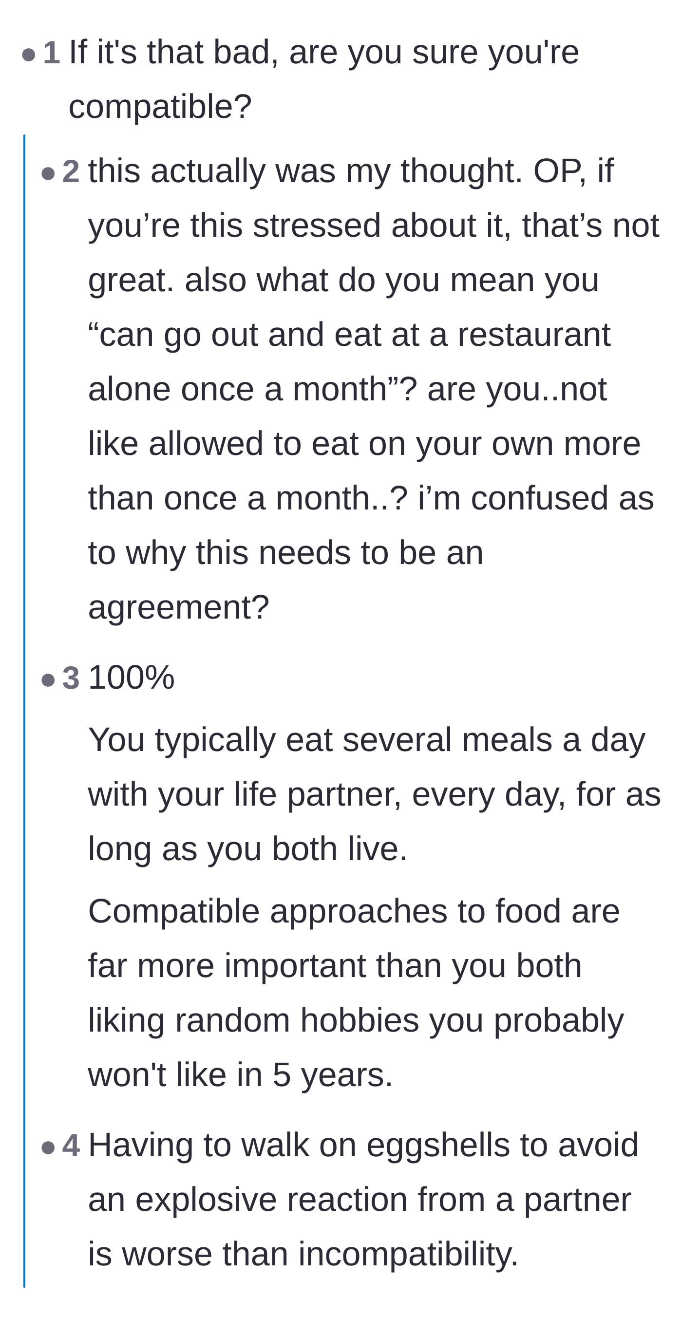Commenters discussing the suffocating nature of the couple's once-a-month dining agreement and speculating about neurodivergence.
