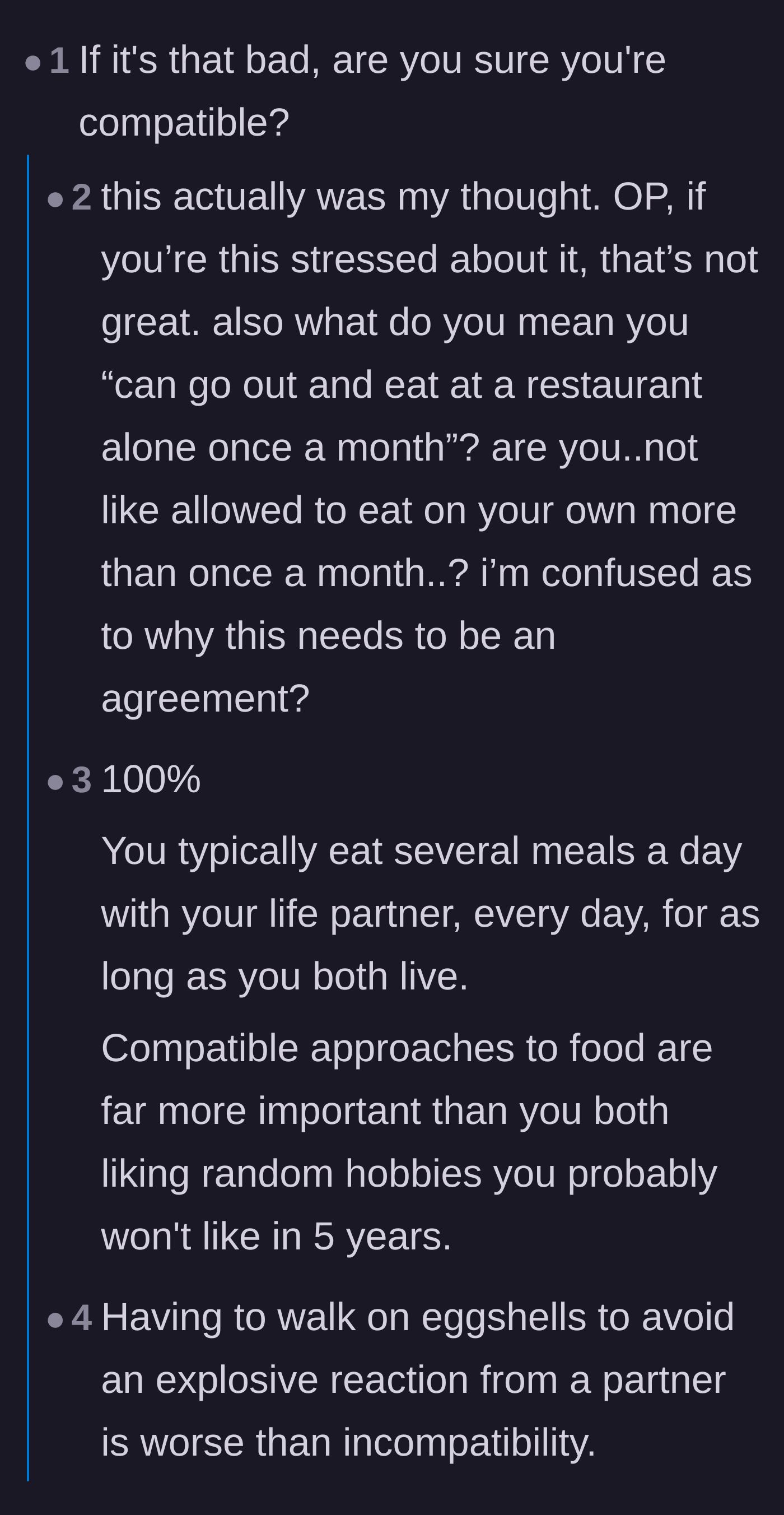 Commenters discussing the suffocating nature of the couple's once-a-month dining agreement and speculating about neurodivergence.