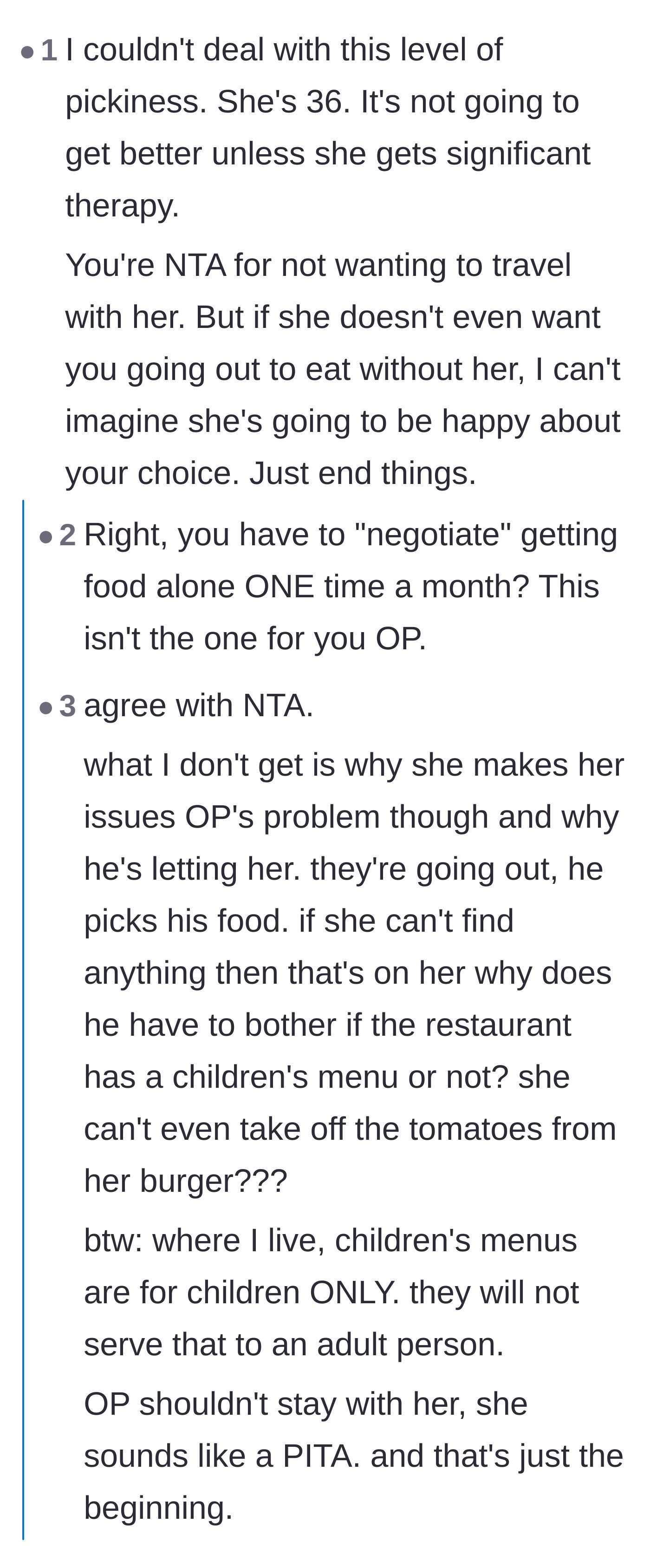 Commenters reacting to the boyfriend's heartbreaking admission that he just wants to eat a meal without facing consequences.