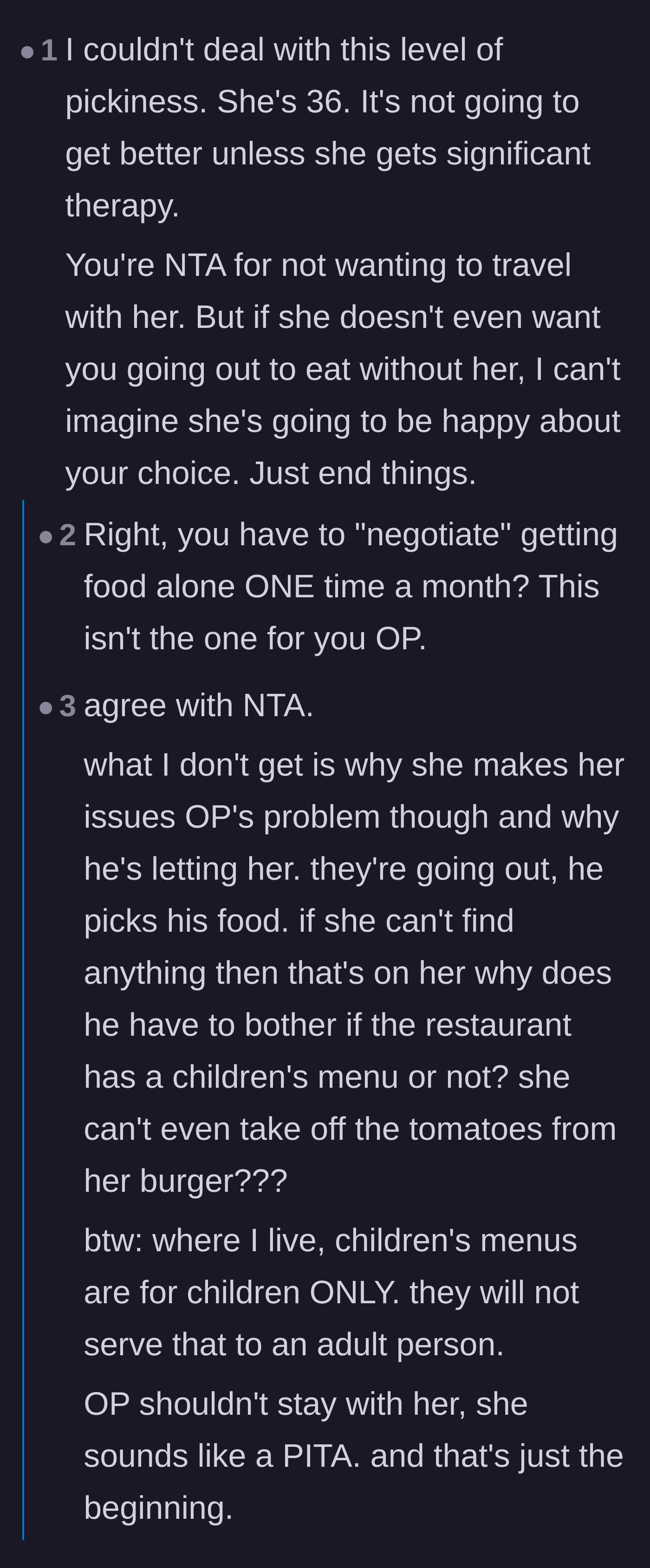 Commenters reacting to the boyfriend's heartbreaking admission that he just wants to eat a meal without facing consequences.