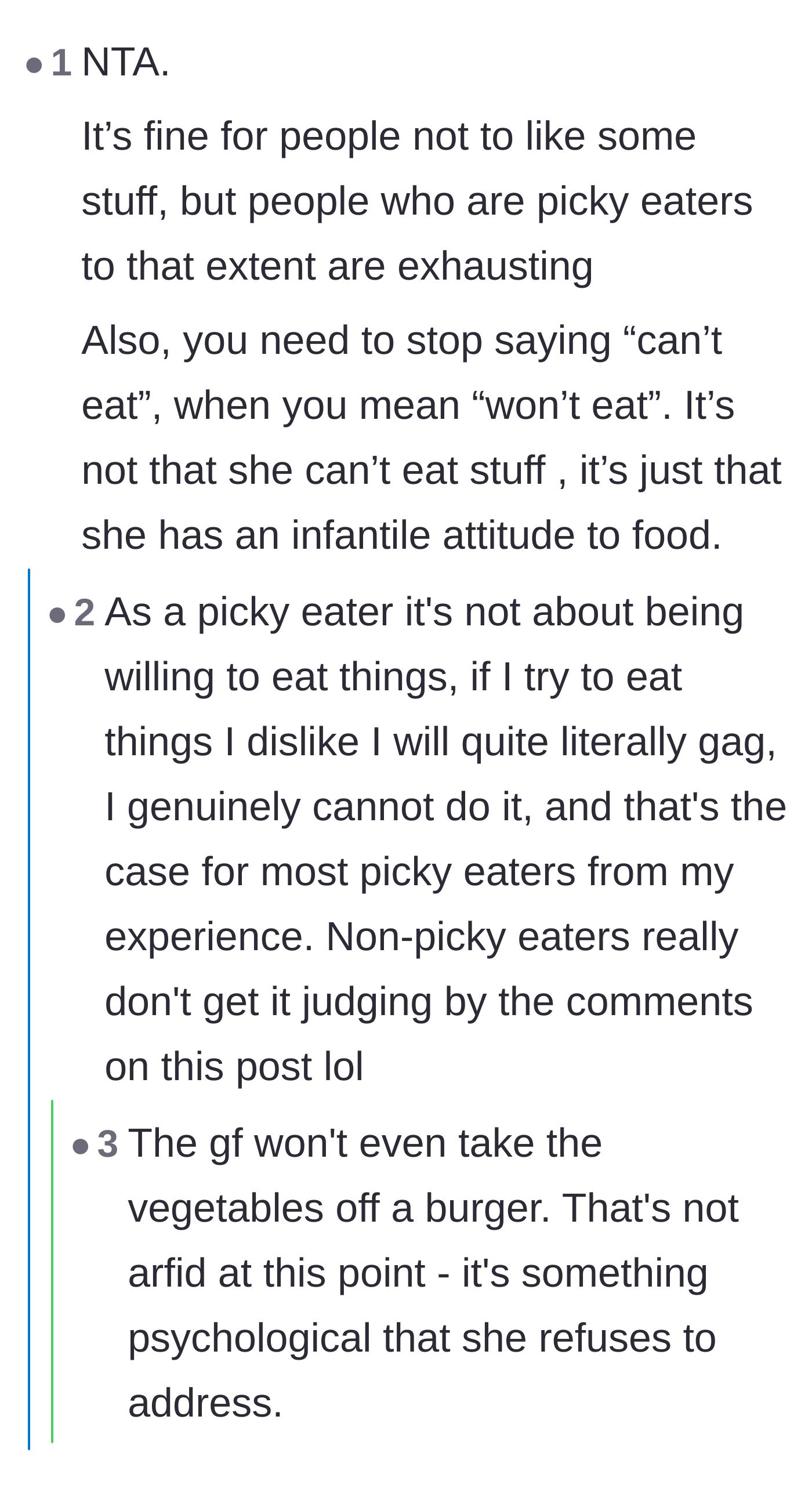 A debate among readers, including those with ARFID, about the difference between having a valid eating disorder and being a controlling partner.