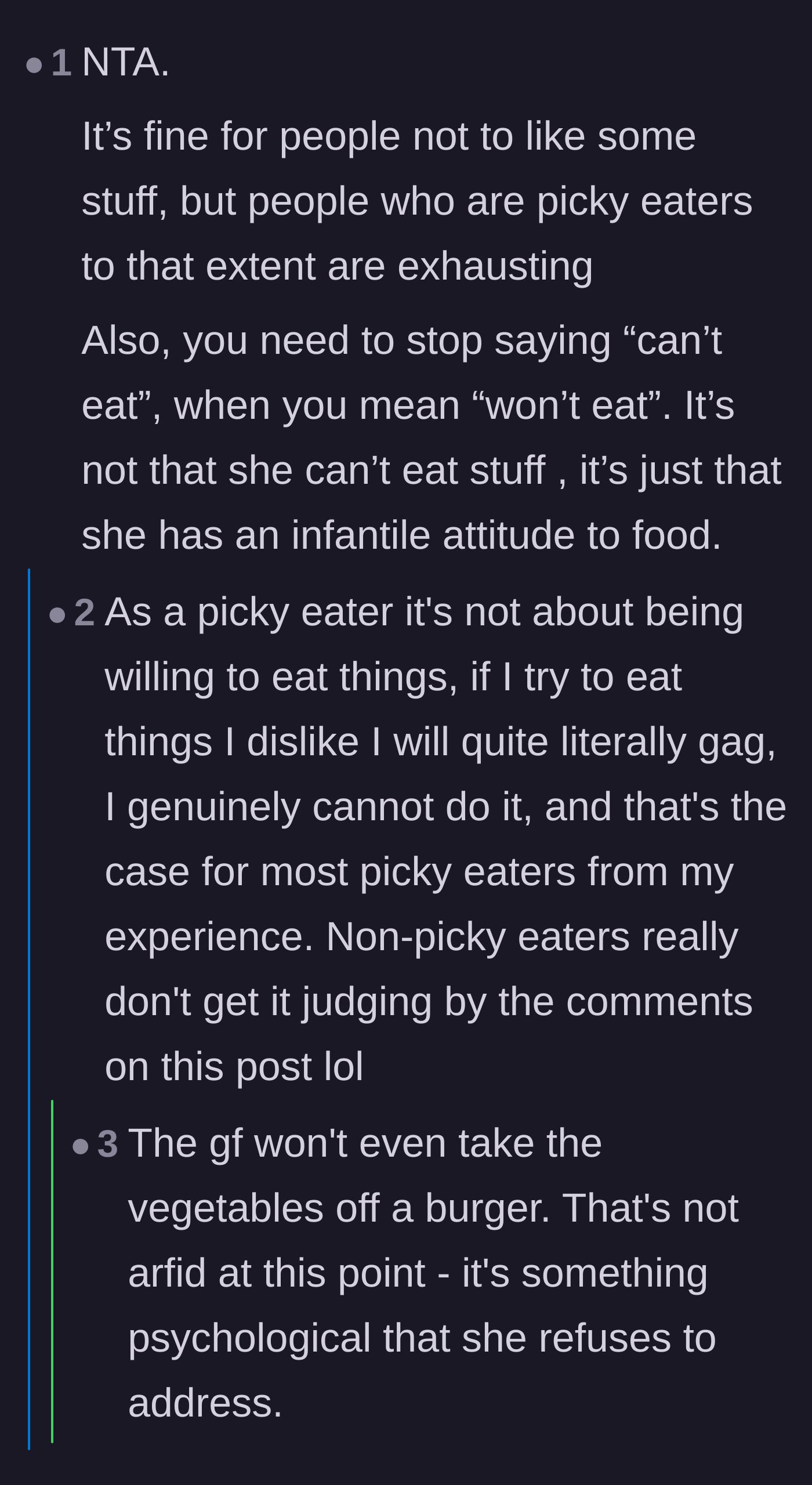 A debate among readers, including those with ARFID, about the difference between having a valid eating disorder and being a controlling partner.