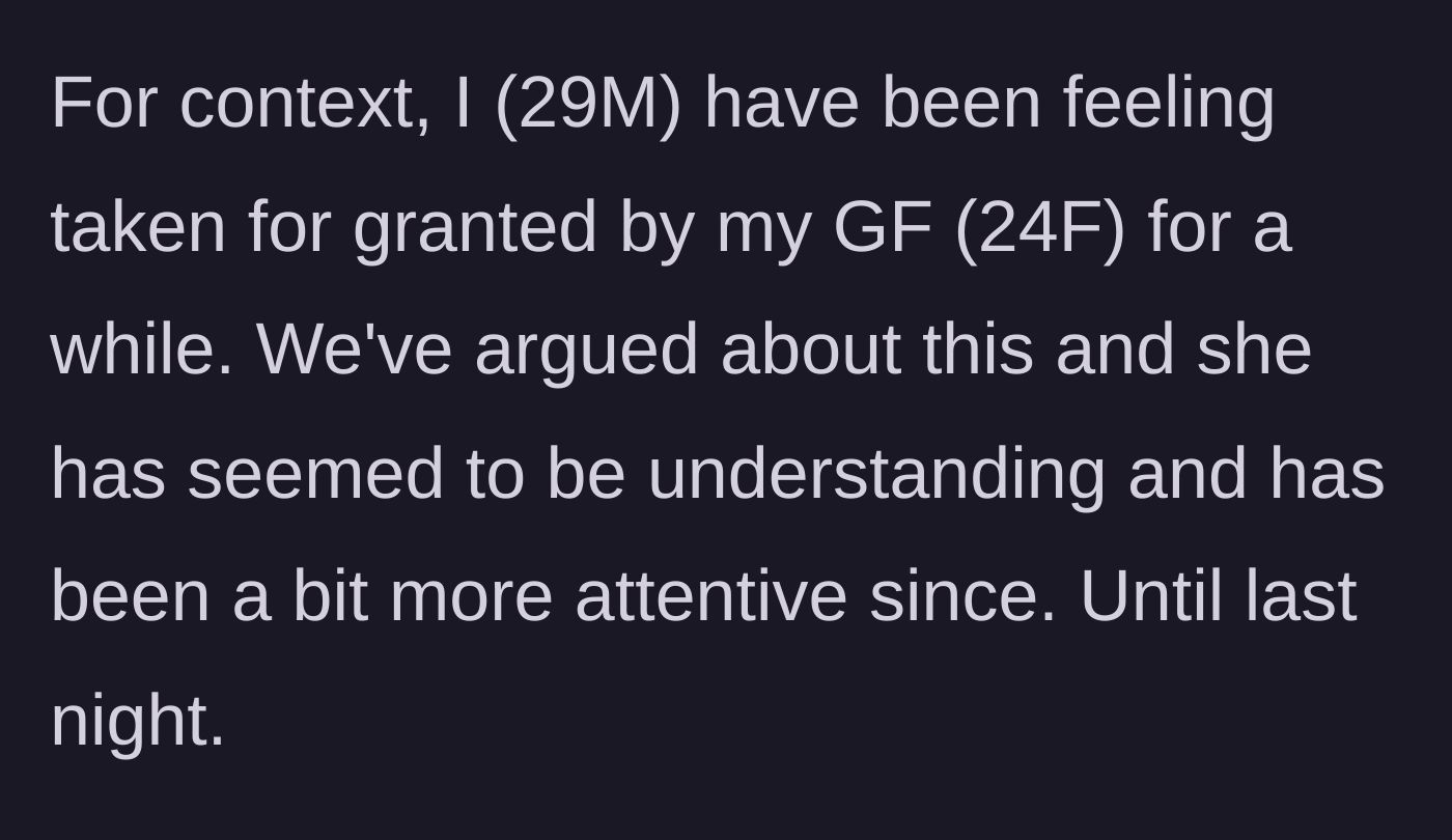 Story part 1 - The boyfriend explains feeling taken for granted and previous arguments.