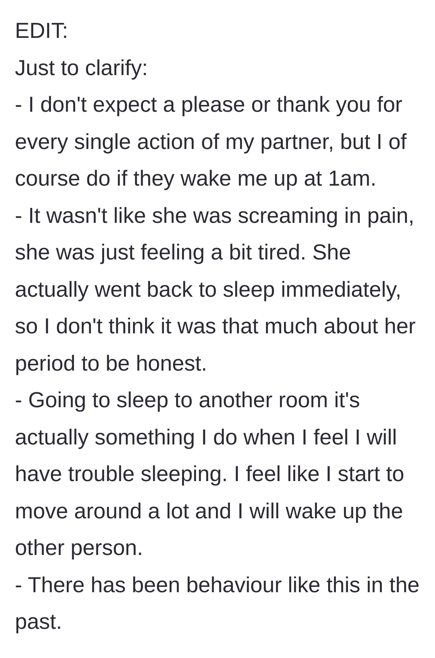 Story part 7 - He clarifies the context, noting she wasn't in severe pain and this is a recurring pattern.