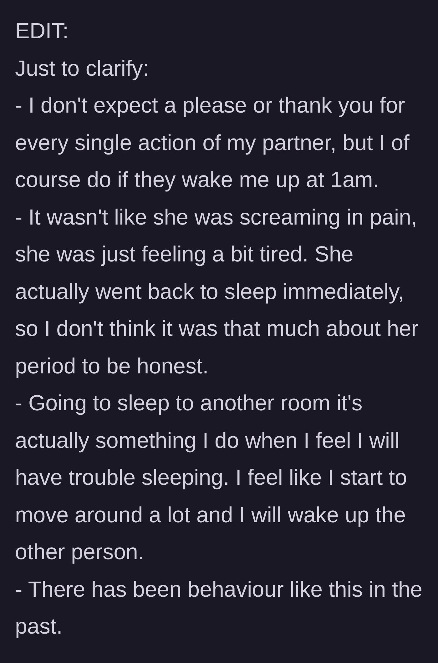 Story part 7 - He clarifies the context, noting she wasn't in severe pain and this is a recurring pattern.