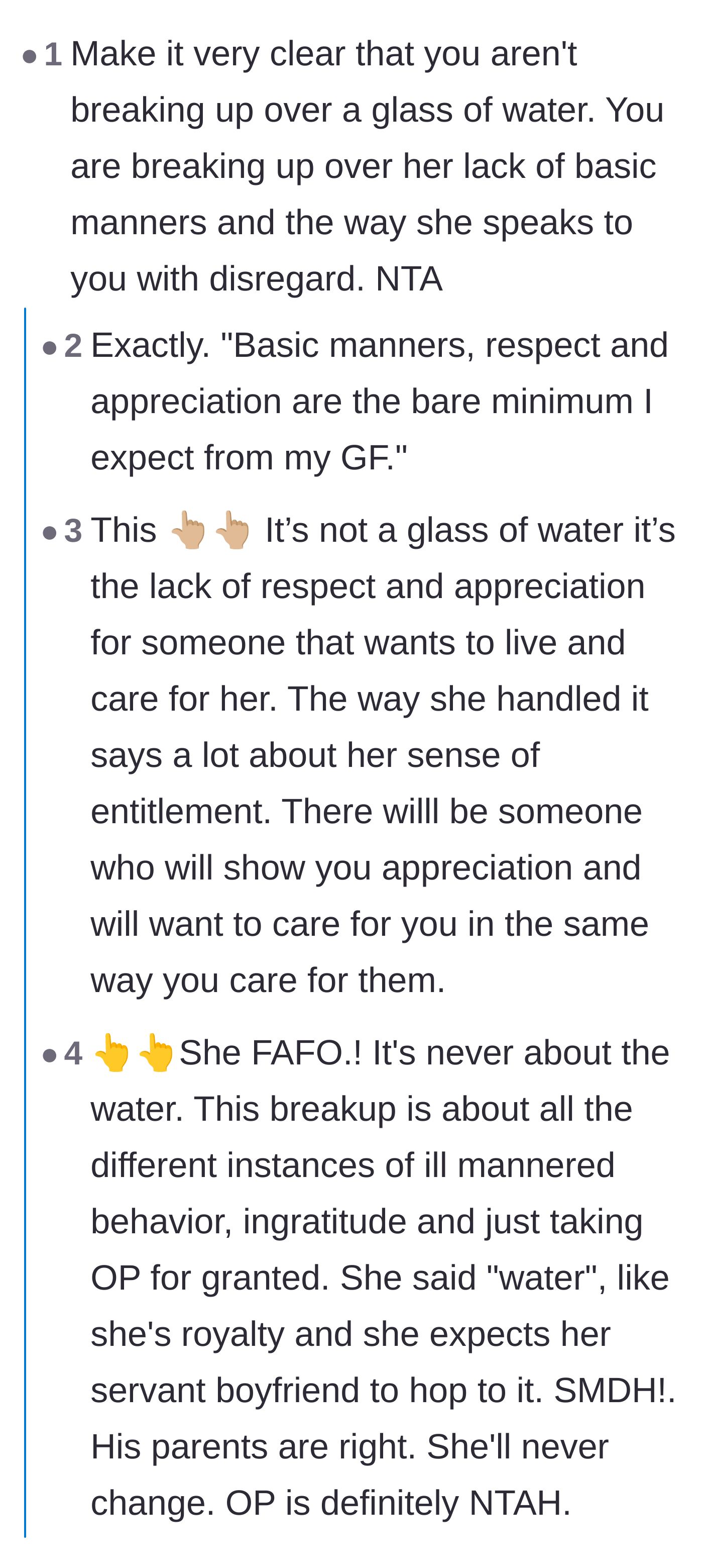 Comment thread 1 - Readers discuss how the breakup is actually about the girlfriend's lack of respect and entitlement, not the literal water.