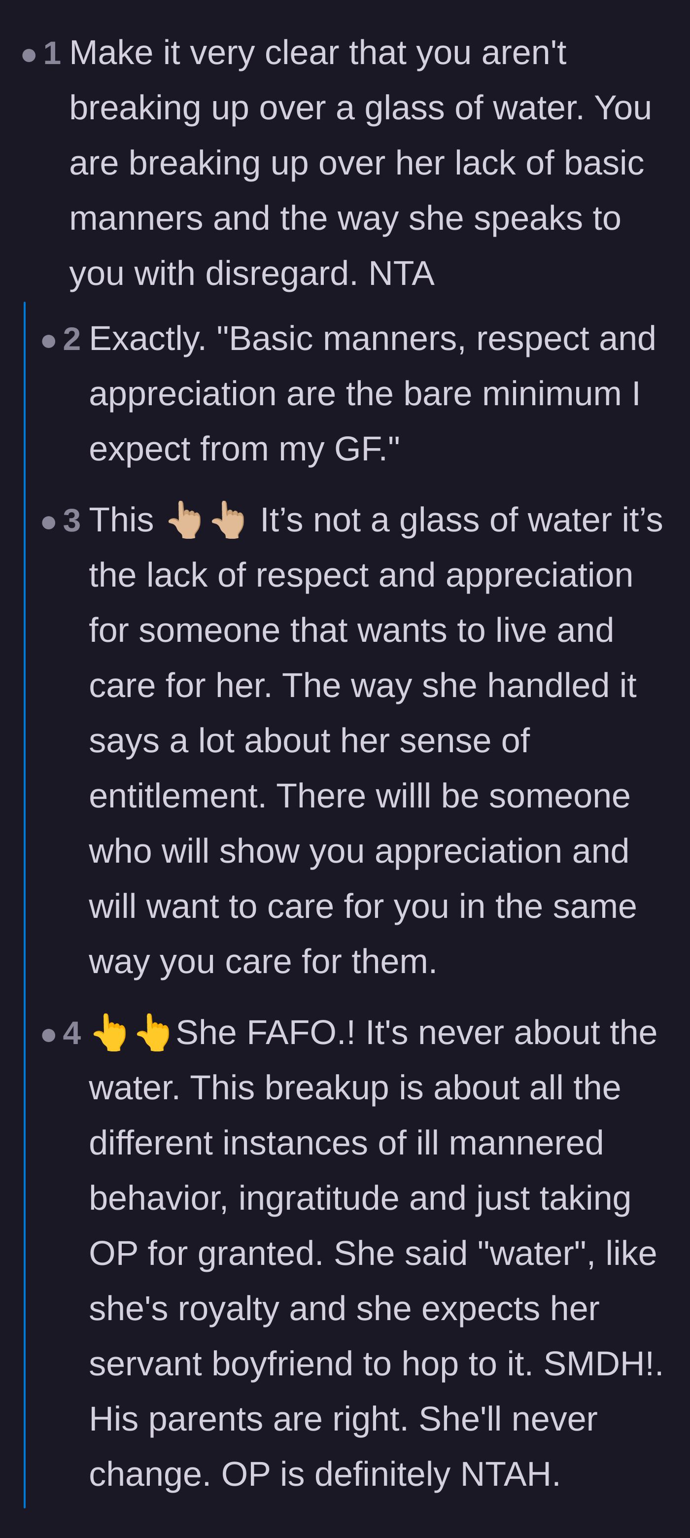 Comment thread 1 - Readers discuss how the breakup is actually about the girlfriend's lack of respect and entitlement, not the literal water.
