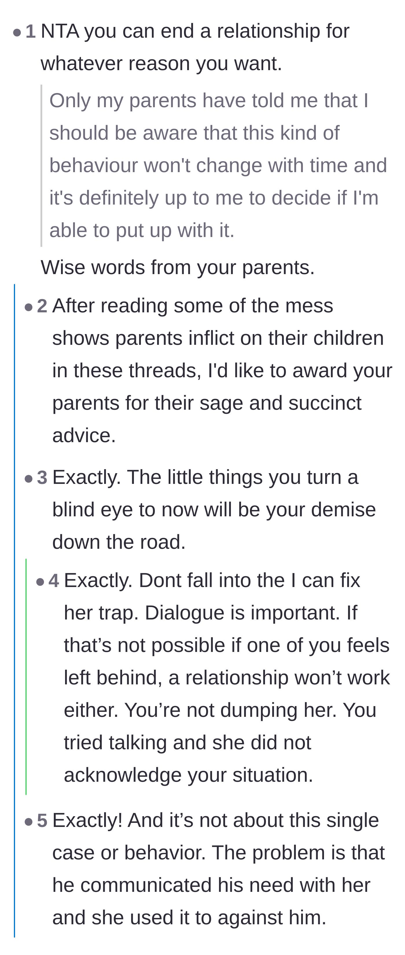 Comment thread 2 - Commenters praise the sage advice from the boyfriend's parents about how toxic behavior rarely changes over time.