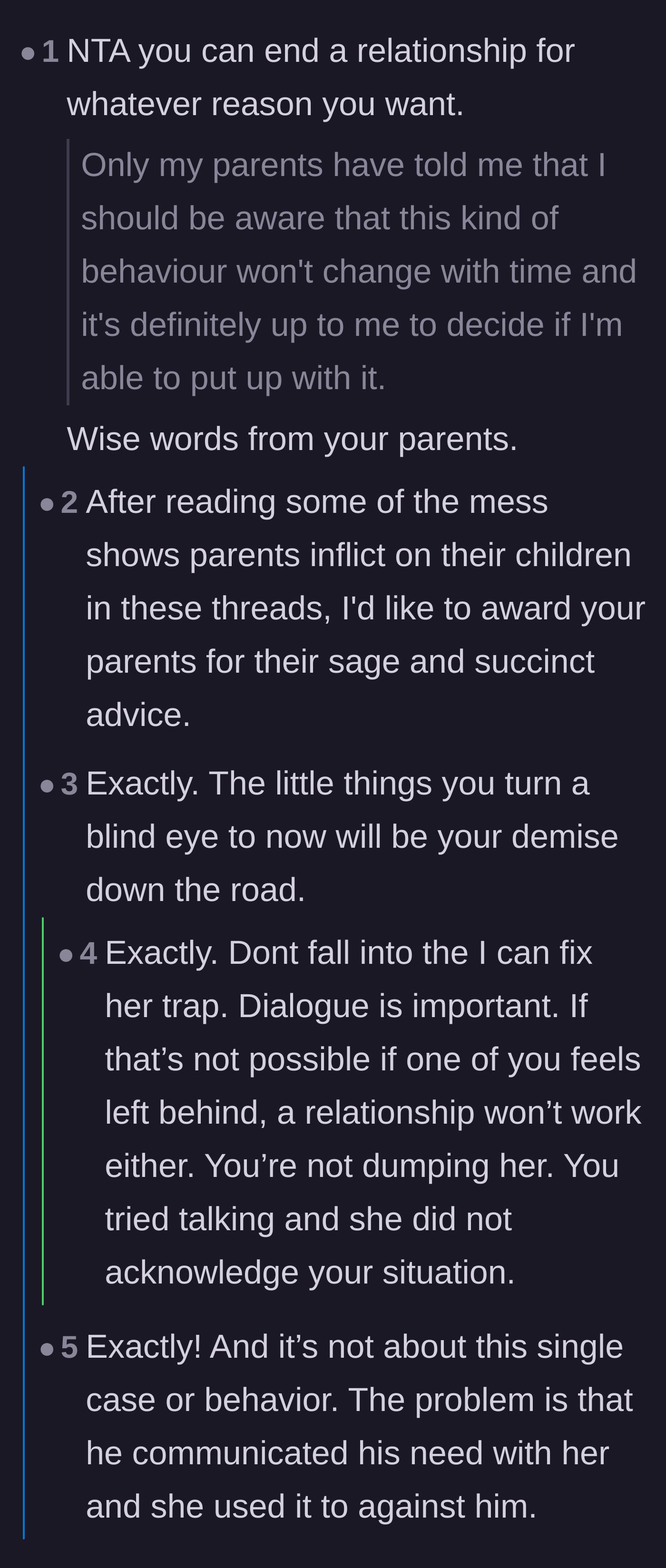 Comment thread 2 - Commenters praise the sage advice from the boyfriend's parents about how toxic behavior rarely changes over time.