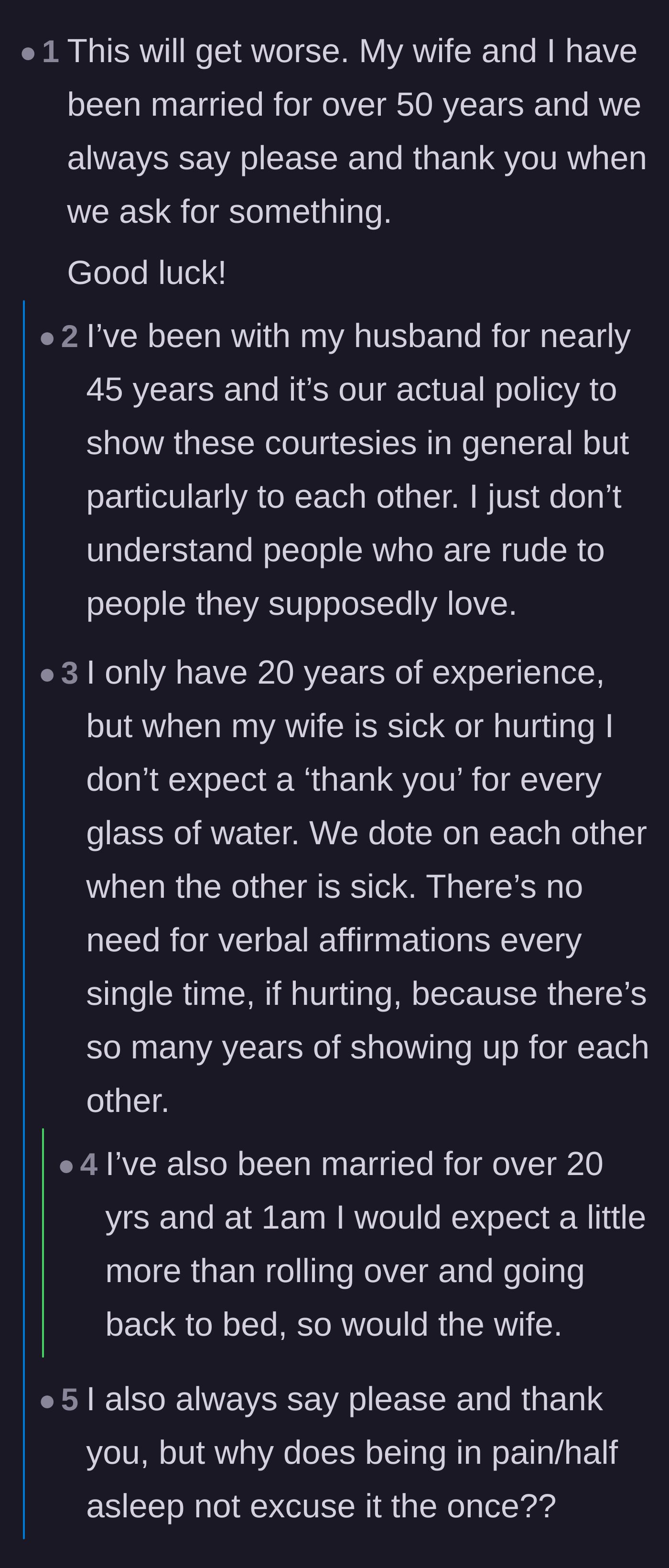 Comment thread 3 - Long-term married couples share their experiences of maintaining mutual respect and gratitude over decades.