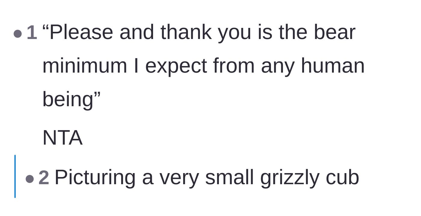 Comment thread 5 - A commenter makes a typo saying 'bear minimum' and a reply jokes about picturing a small grizzly cub.