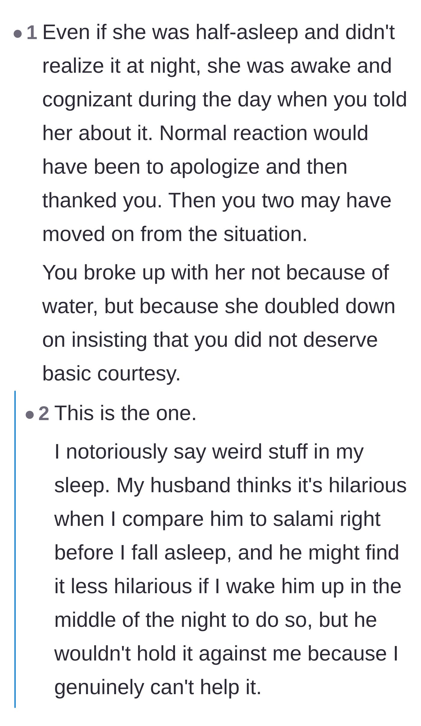 Comment thread 6 - A discussion highlighting that the real dealbreaker was the girlfriend's refusal to apologize the next morning when fully awake.