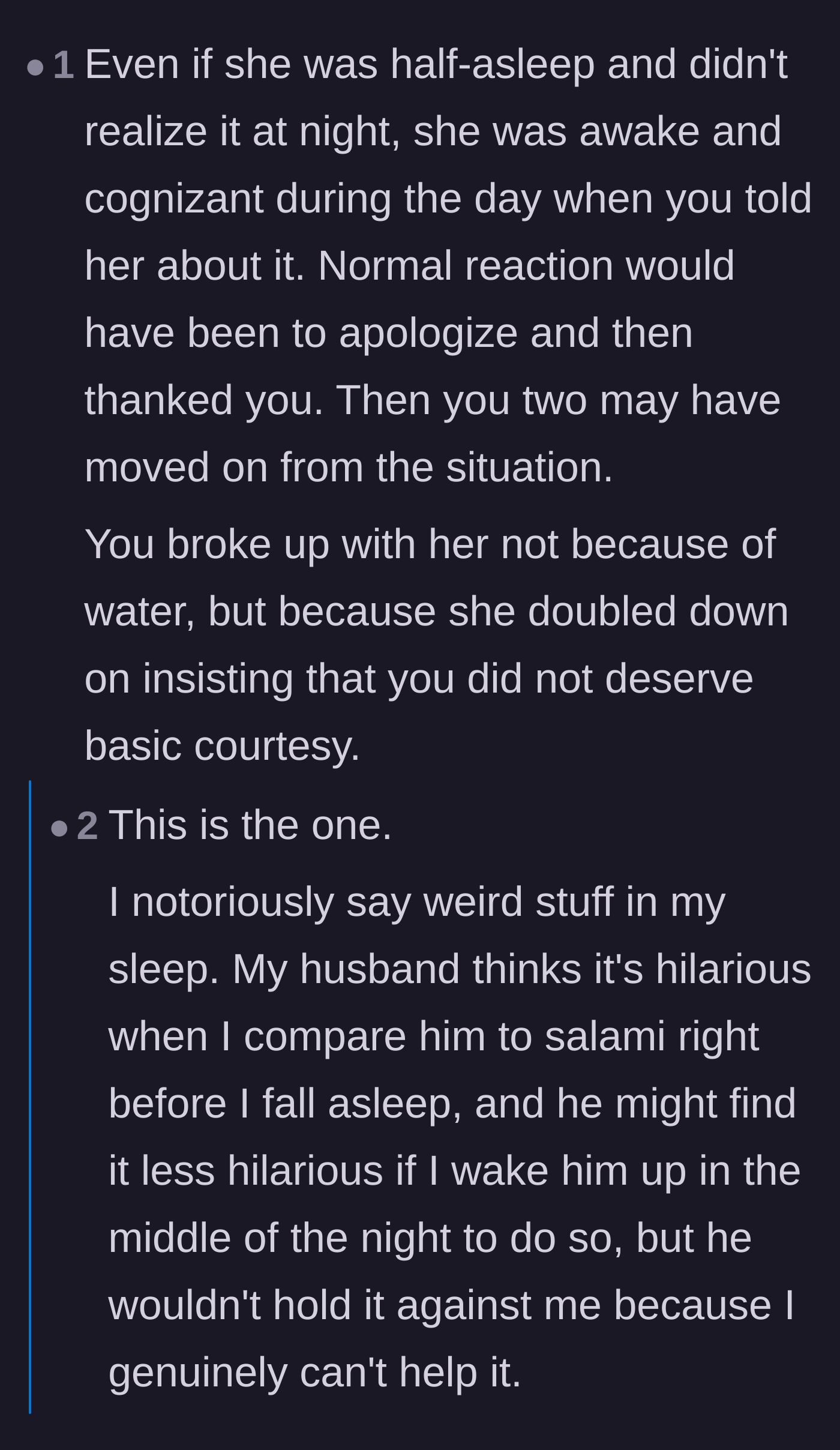Comment thread 6 - A discussion highlighting that the real dealbreaker was the girlfriend's refusal to apologize the next morning when fully awake.