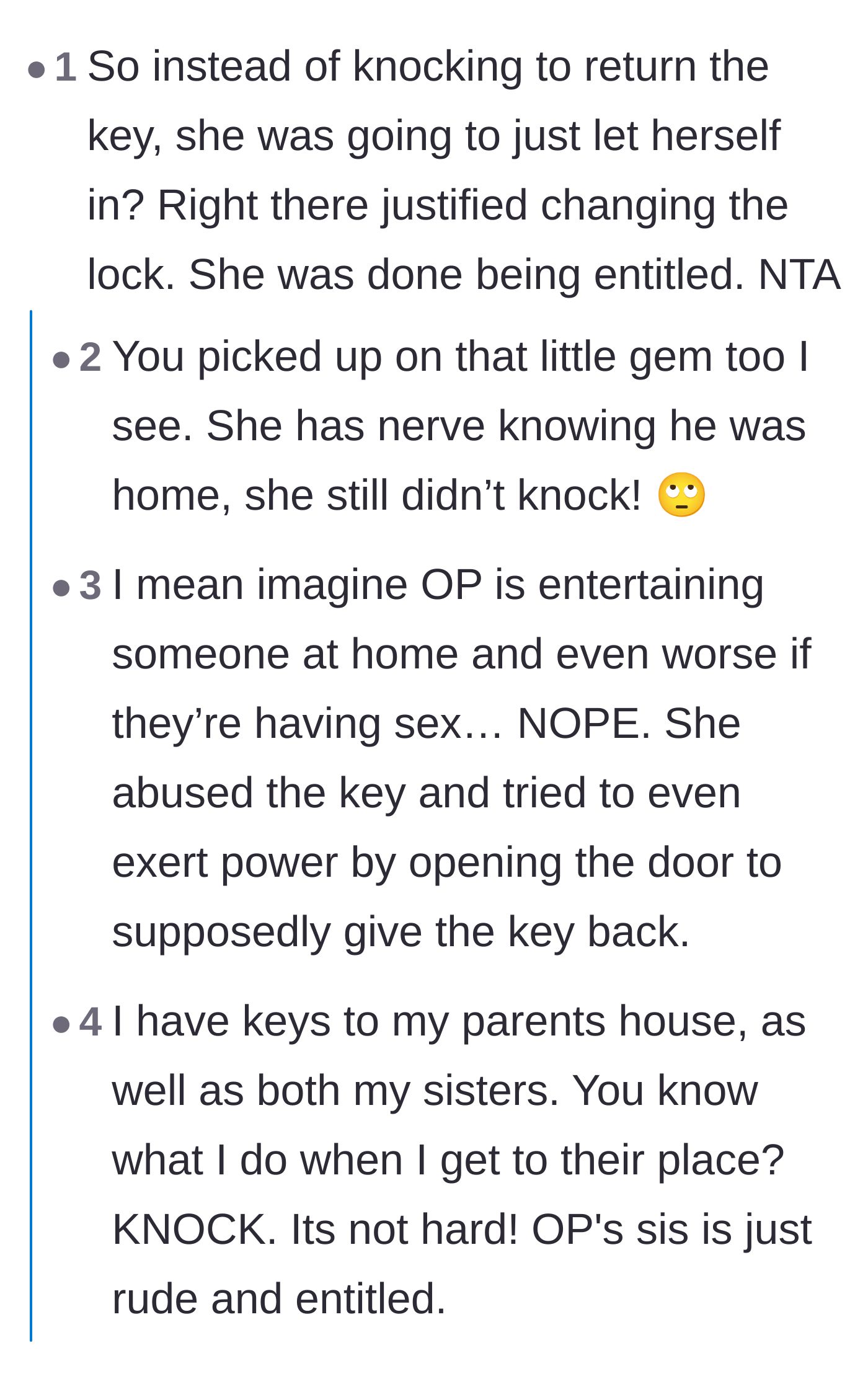 Comment thread 1 - Readers theorize the sister made a copy of the key and was secretly testing it when she tried to let herself in.
