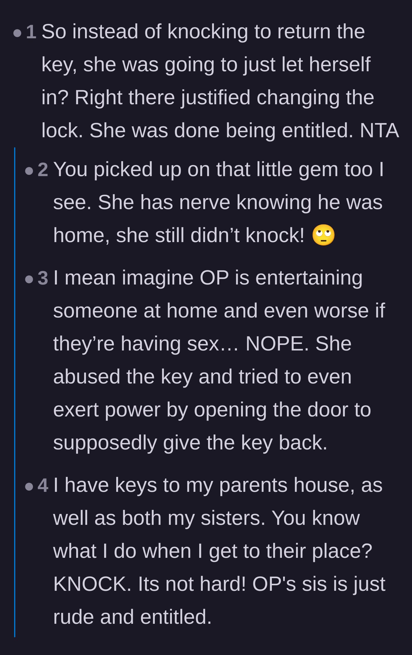 Comment thread 1 - Readers theorize the sister made a copy of the key and was secretly testing it when she tried to let herself in.