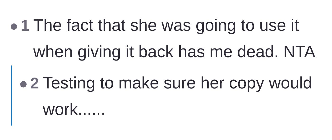 Comment thread 3 - A reader reacts to the sheer audacity of the sister trying to use the key while supposedly returning it.