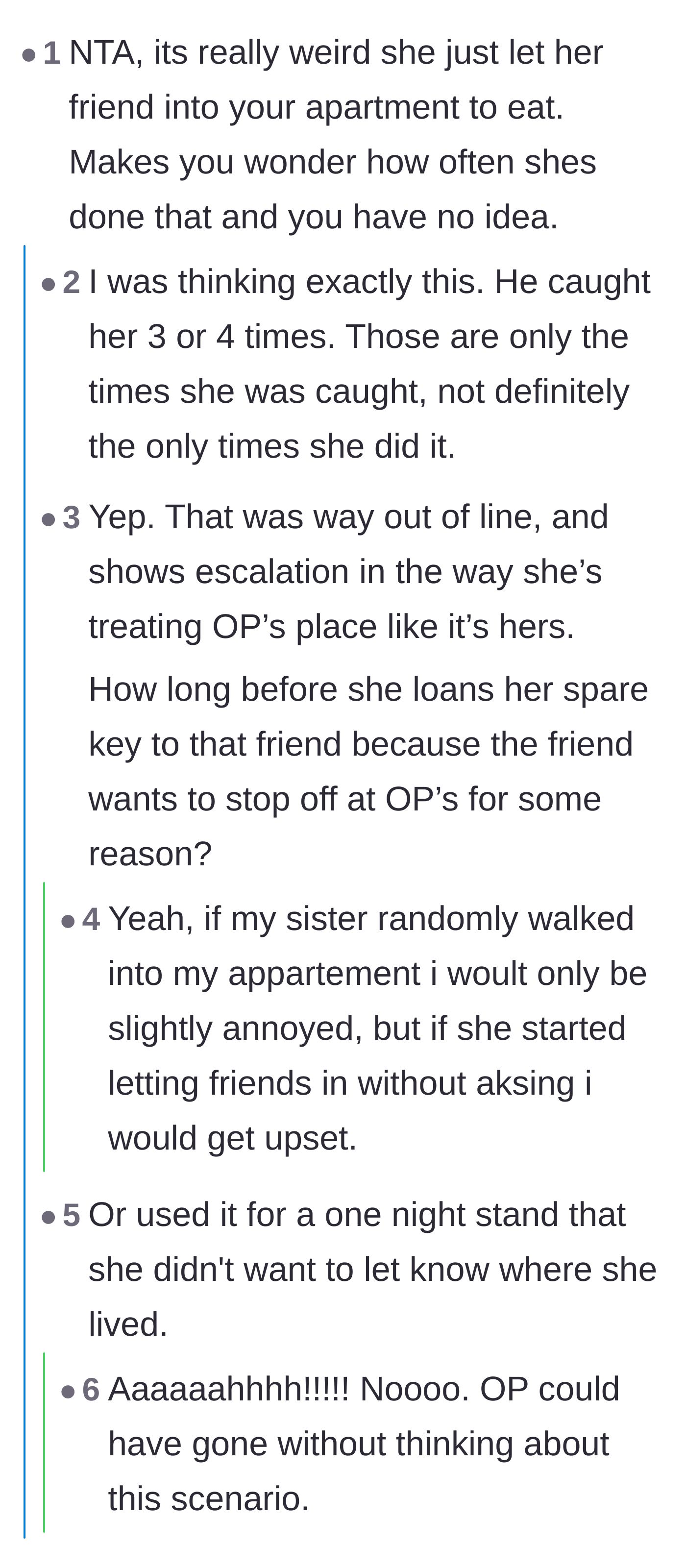 Comment thread 5 - Discussion about how the sister's boundary stomping was likely escalating to secret hookups or lending the key to friends.