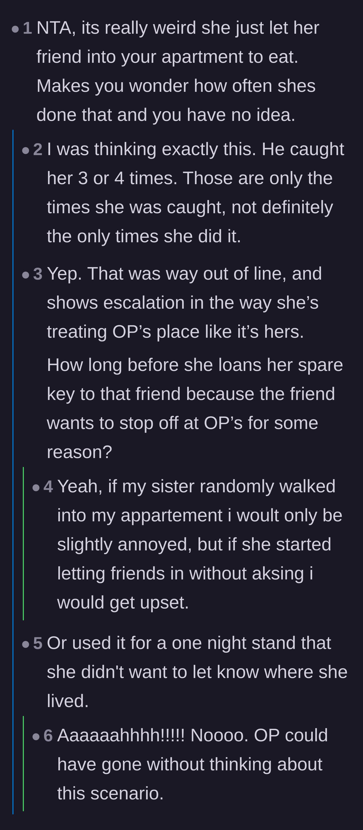 Comment thread 5 - Discussion about how the sister's boundary stomping was likely escalating to secret hookups or lending the key to friends.