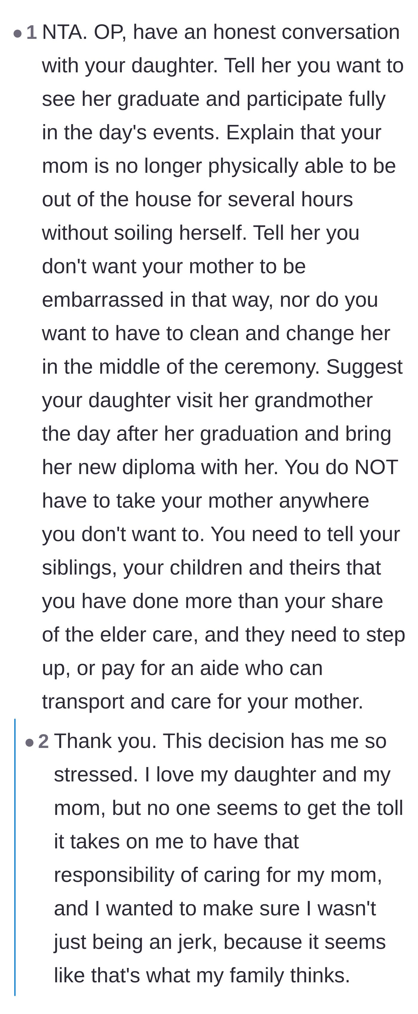 Comment thread 1 - Readers advise the main character to have a harsh but necessary conversation with her daughter about preserving her grandmother's dignity.