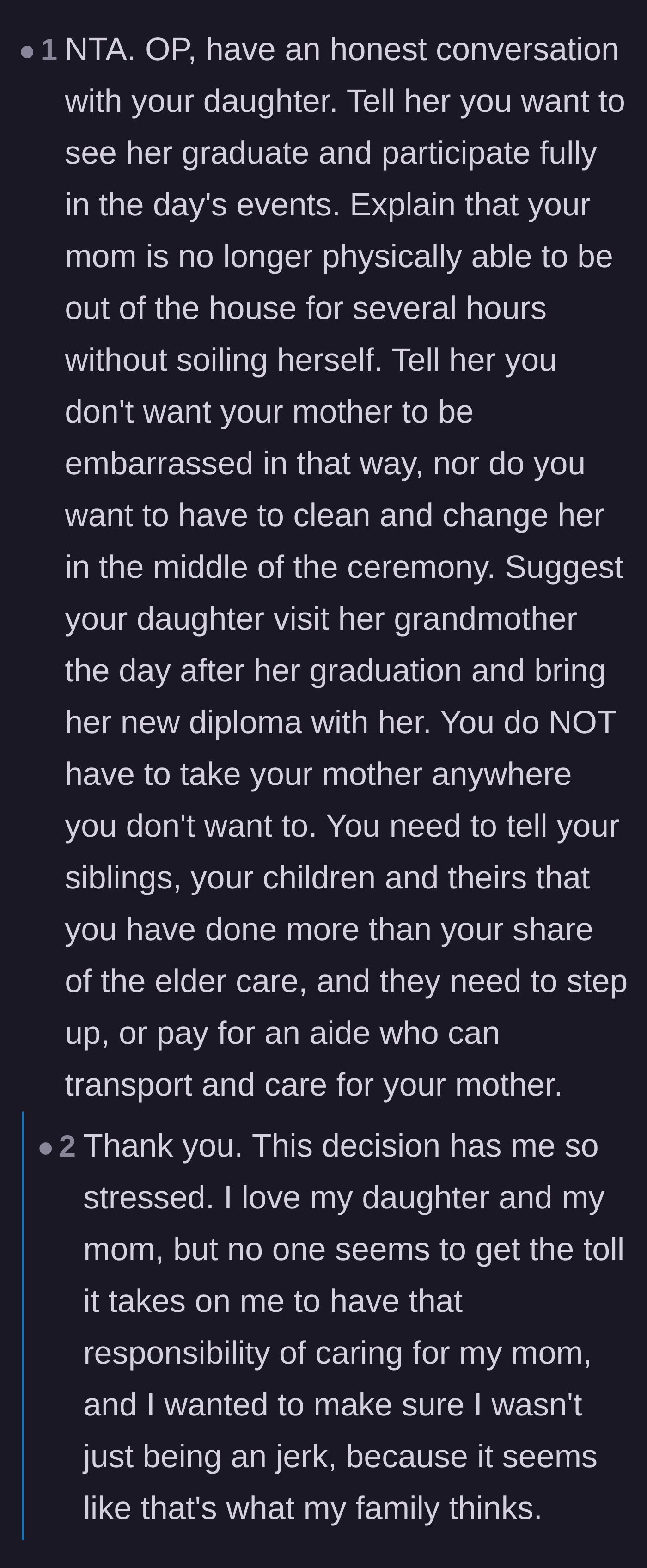 Comment thread 1 - Readers advise the main character to have a harsh but necessary conversation with her daughter about preserving her grandmother's dignity.