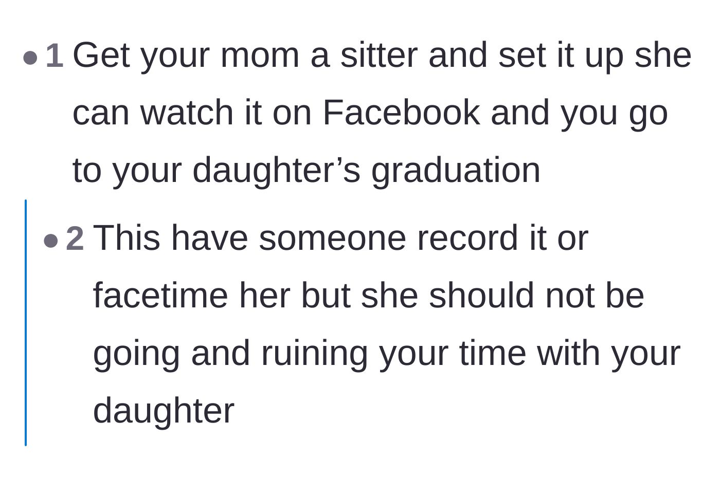 Comment thread 2 - A user suggests hiring a sitter and setting up a Facebook livestream for the grandmother.