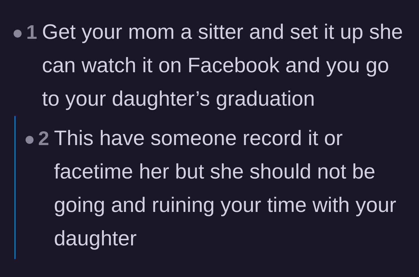 Comment thread 2 - A user suggests hiring a sitter and setting up a Facebook livestream for the grandmother.
