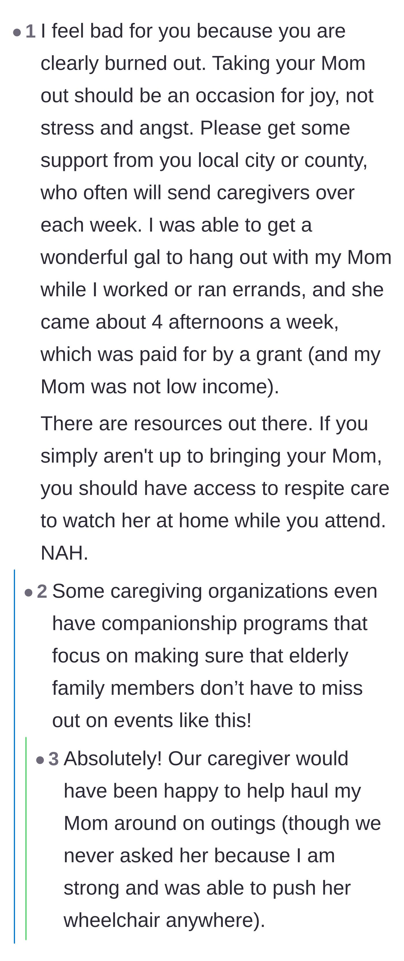 Comment thread 4 - Recommendations for finding local respite care and companionship programs to relieve caregiver burnout.