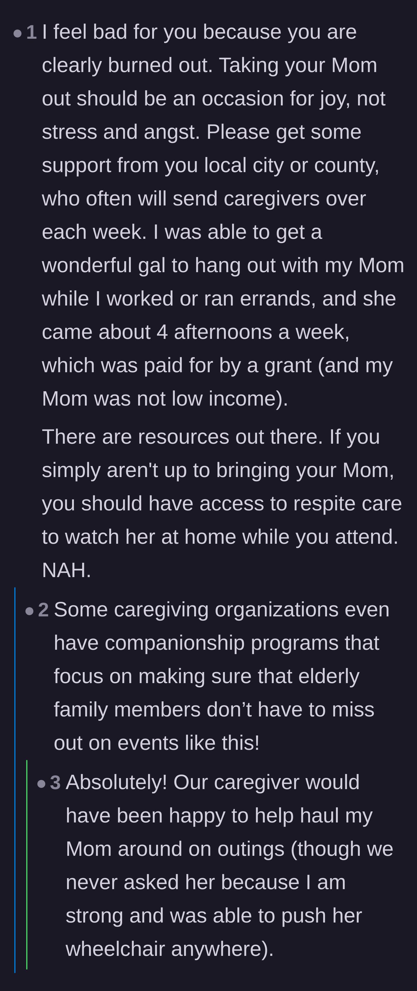 Comment thread 4 - Recommendations for finding local respite care and companionship programs to relieve caregiver burnout.