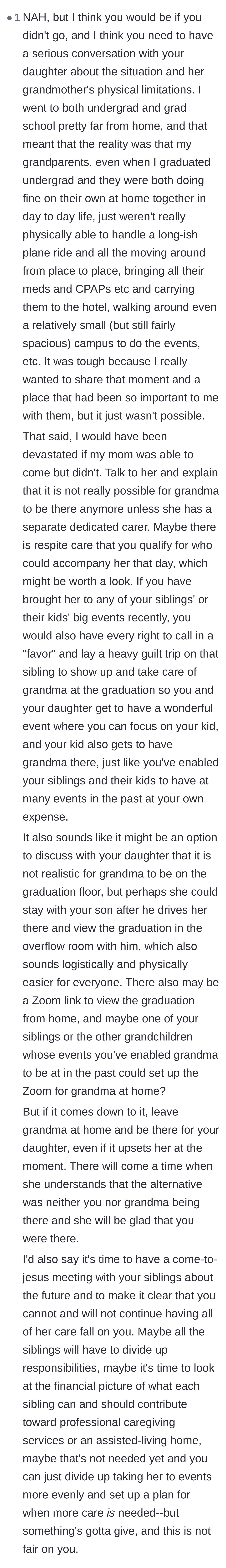 Comment thread 6 - Advice on forcing a family meeting with the siblings and prioritizing the daughter's graduation.