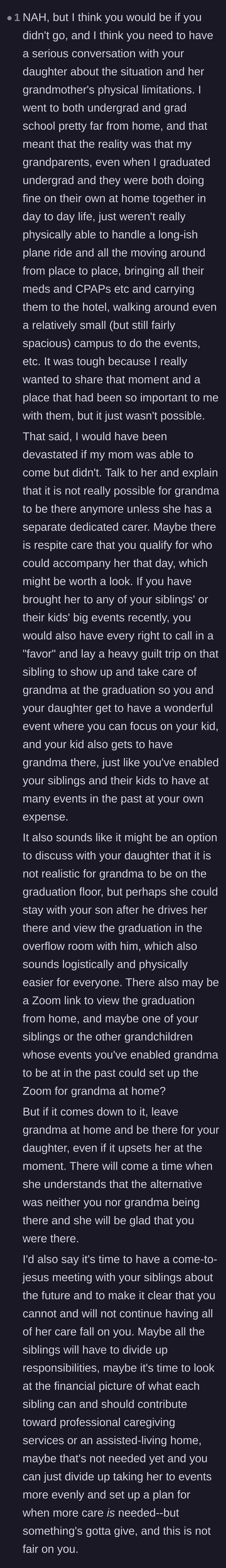 Comment thread 6 - Advice on forcing a family meeting with the siblings and prioritizing the daughter's graduation.
