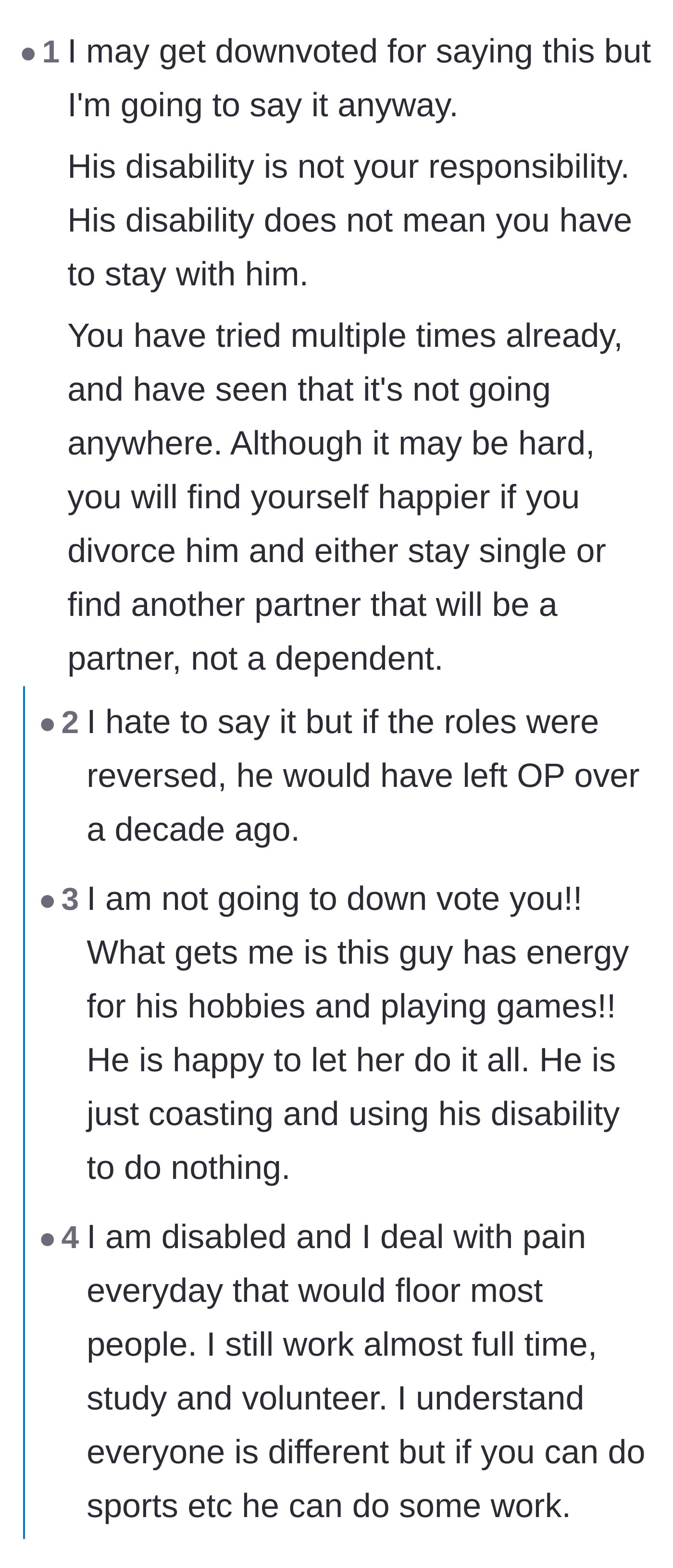 Comment thread 2 - A discussion on the grim statistics of men leaving chronically ill partners, validating the wife's desire to divorce.