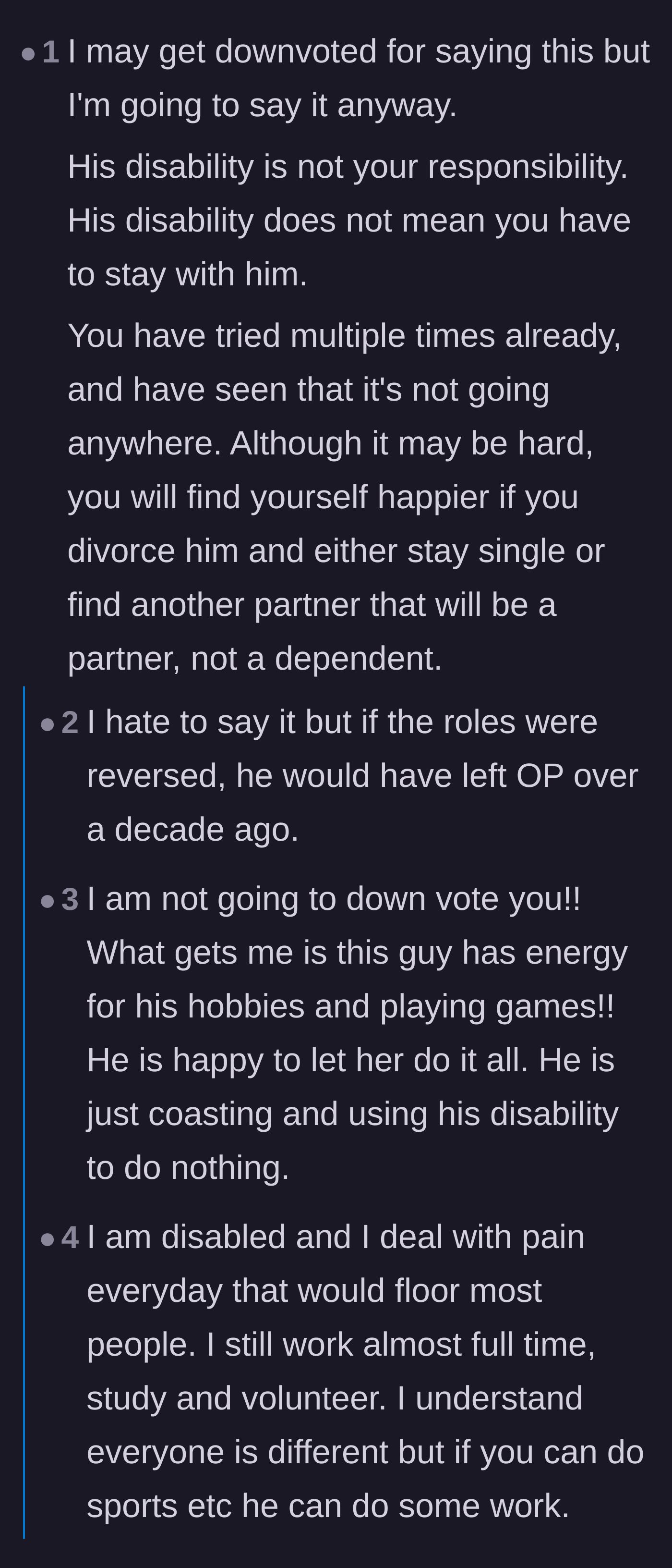 Comment thread 2 - A discussion on the grim statistics of men leaving chronically ill partners, validating the wife's desire to divorce.