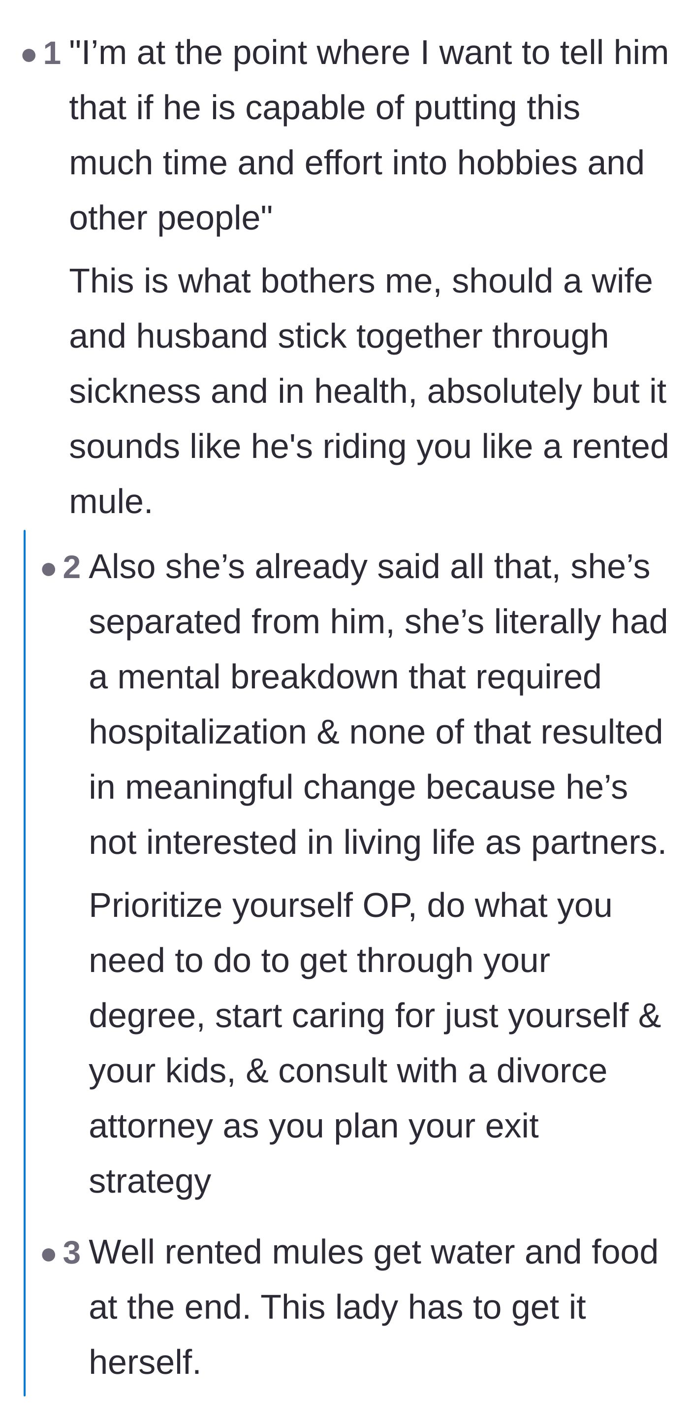 Comment thread 3 - Commenters comparing her situation to a rented mule and offering practical advice on preparing for an exit strategy.