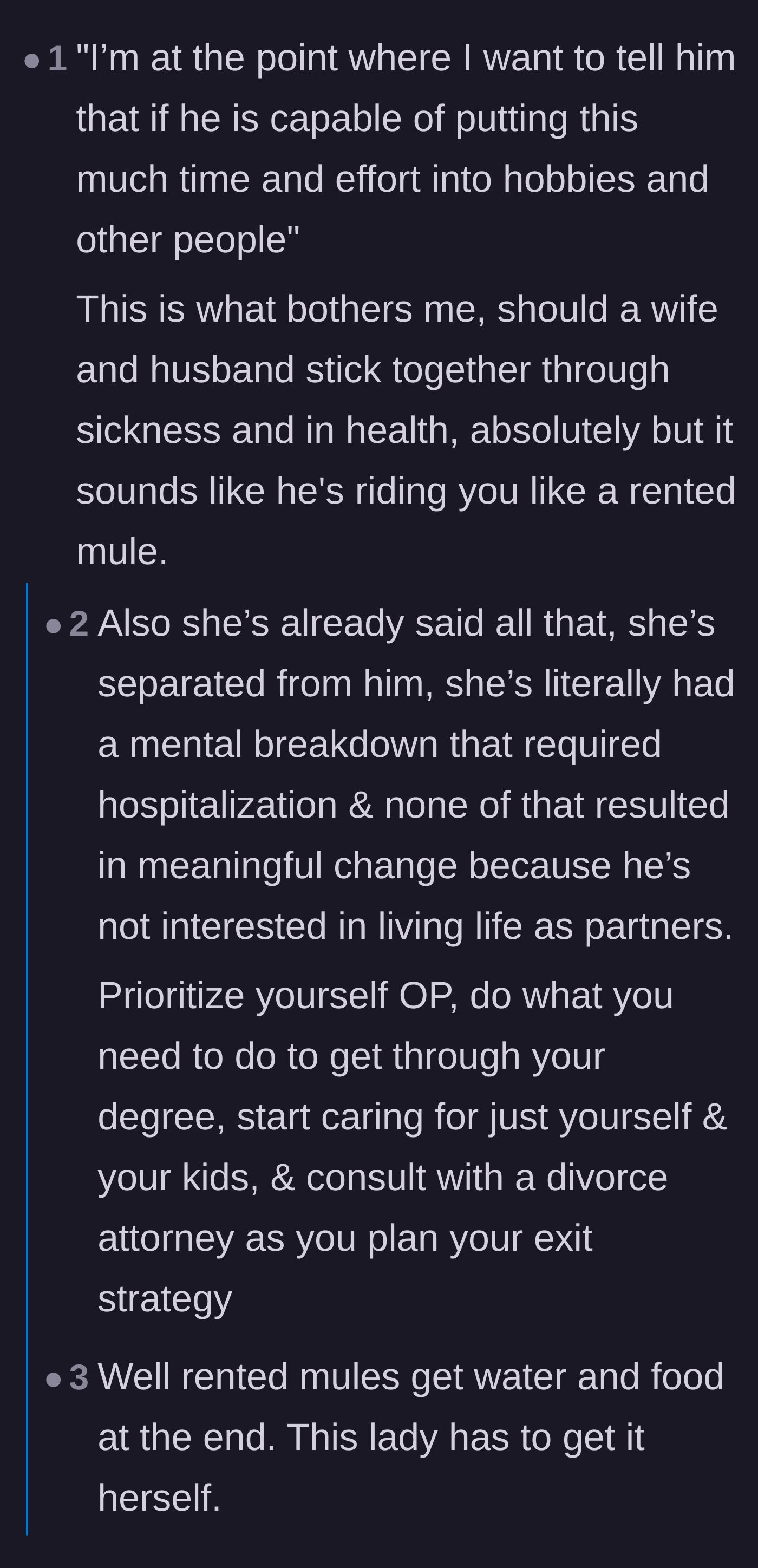Comment thread 3 - Commenters comparing her situation to a rented mule and offering practical advice on preparing for an exit strategy.