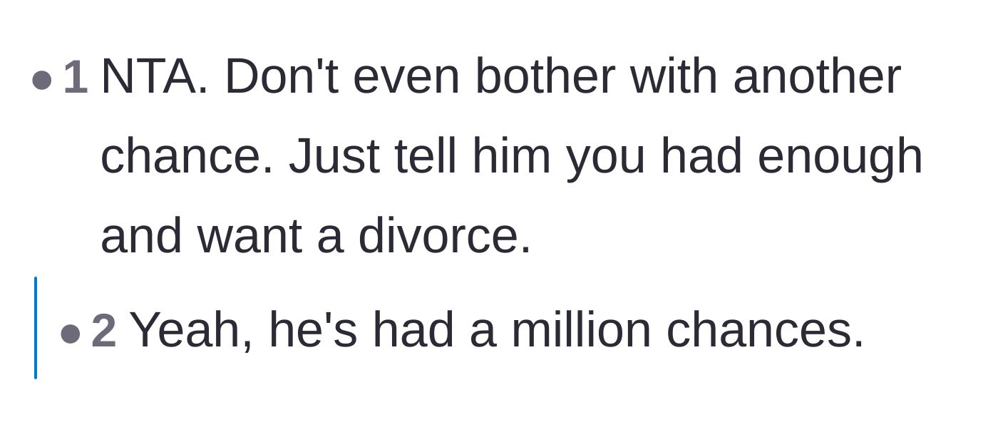 Comment thread 4 - A blunt directive urging the wife to skip any further ultimatums and proceed directly to filing for divorce.