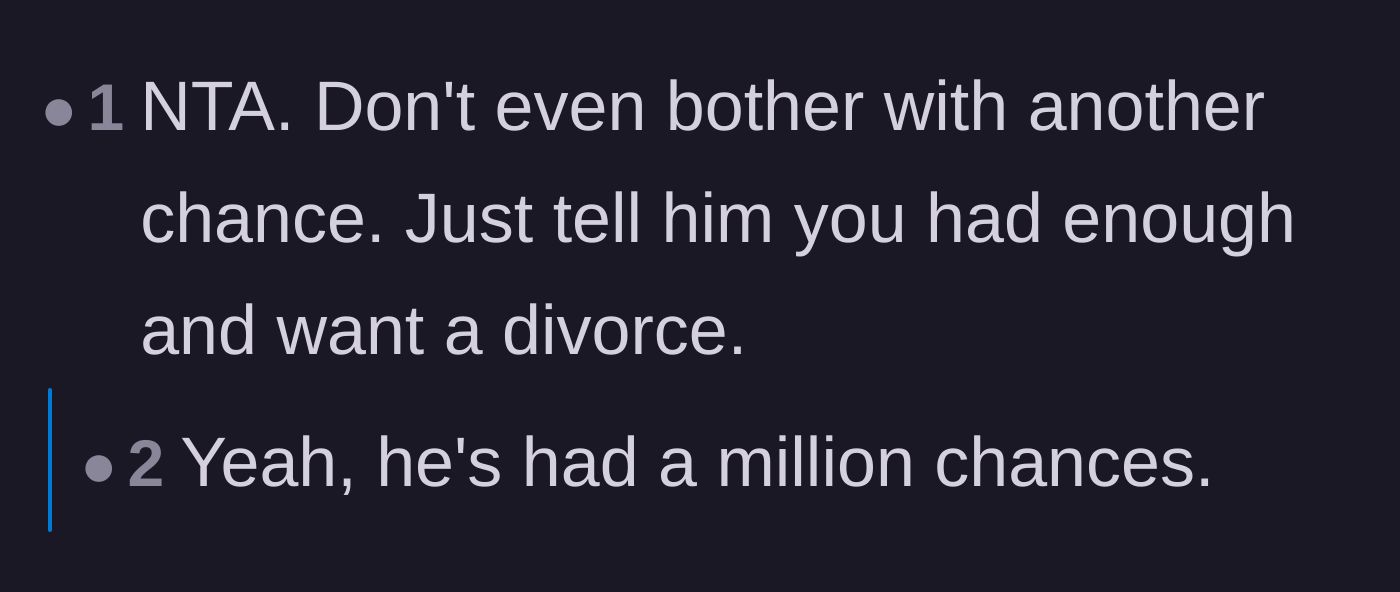 Comment thread 4 - A blunt directive urging the wife to skip any further ultimatums and proceed directly to filing for divorce.