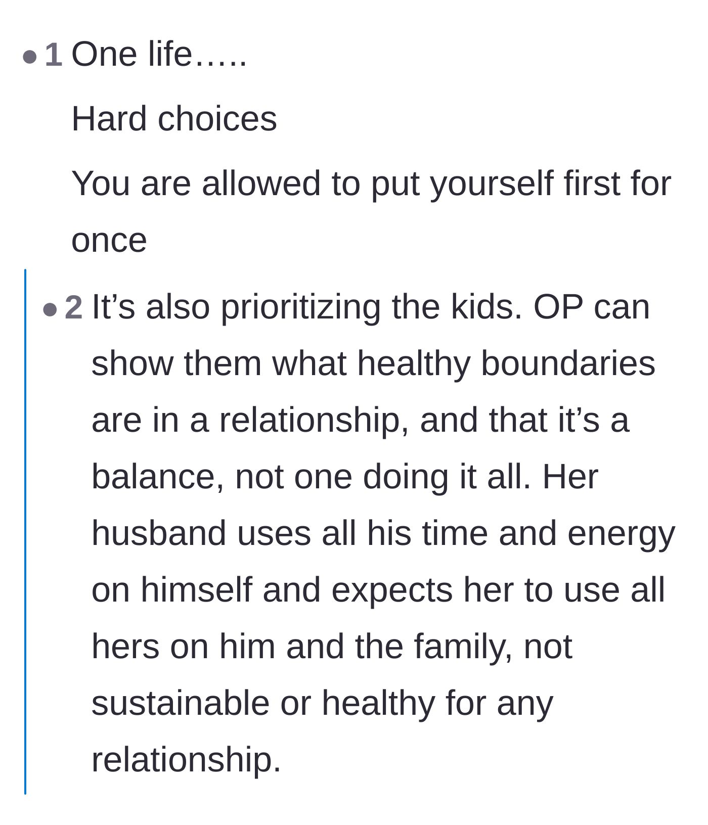 Comment thread 6 - Advice on prioritizing her own well-being to show her children what a healthy relationship boundary looks like.