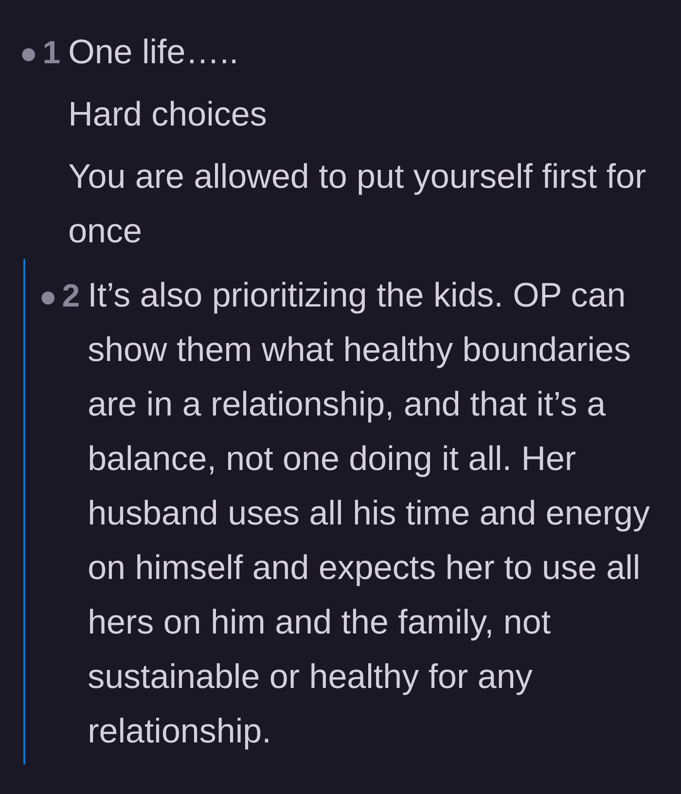 Comment thread 6 - Advice on prioritizing her own well-being to show her children what a healthy relationship boundary looks like.