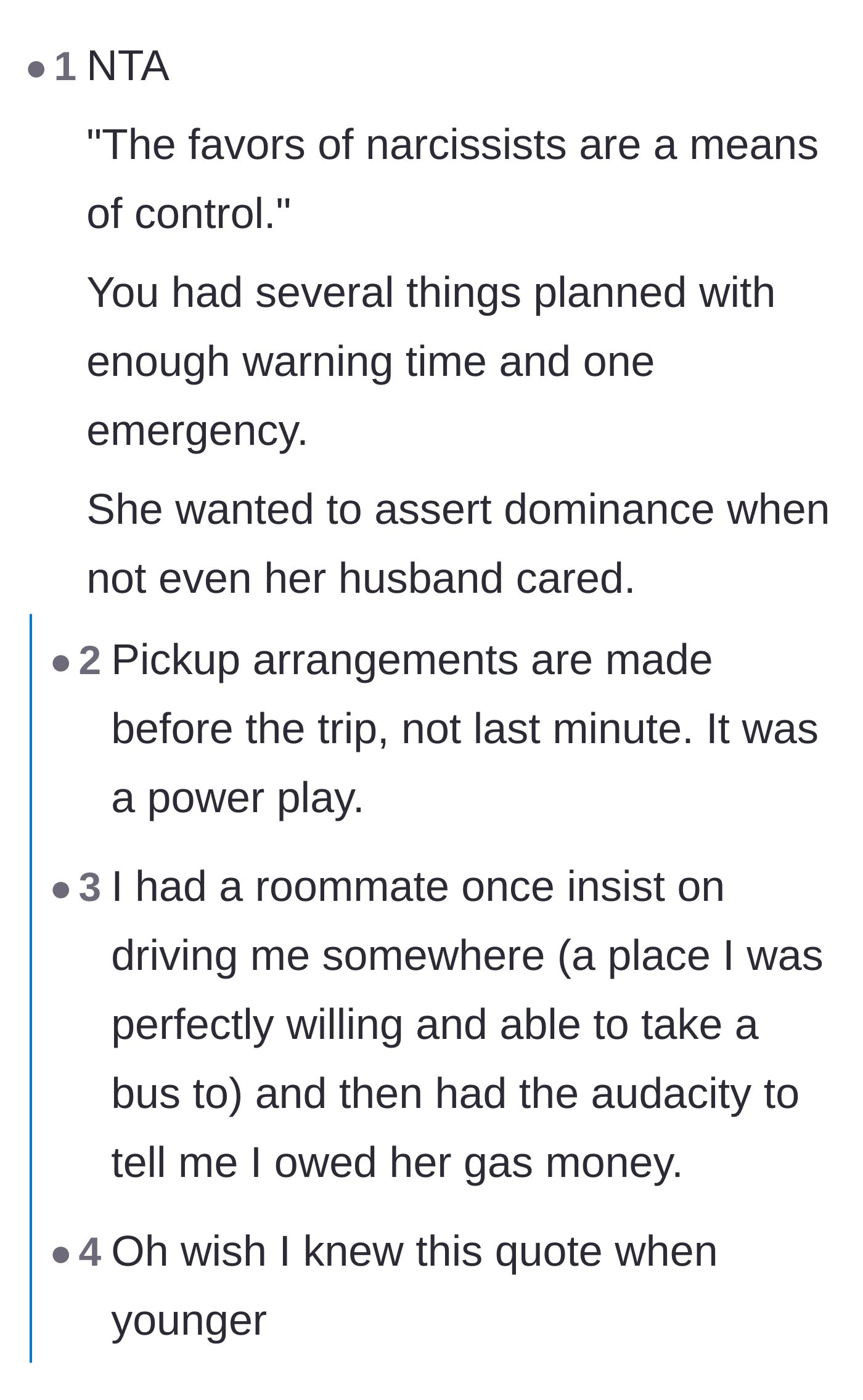 Comment thread 1 - Commenters discuss how demanding a last-minute airport pickup is a classic power play.