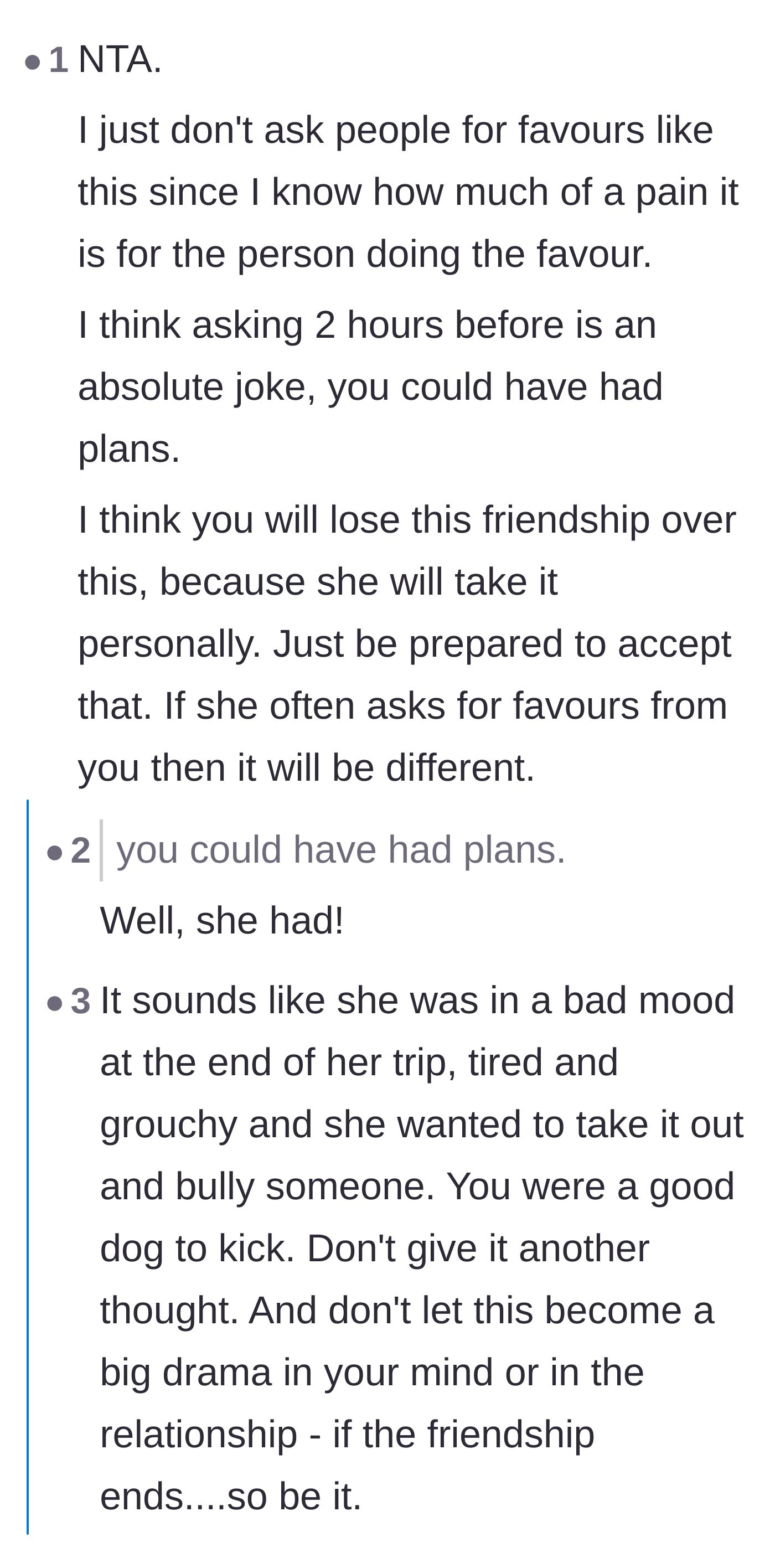 Comment thread 2 - A discussion on how two hours' notice is a joke and the friend was likely just looking for someone to bully.
