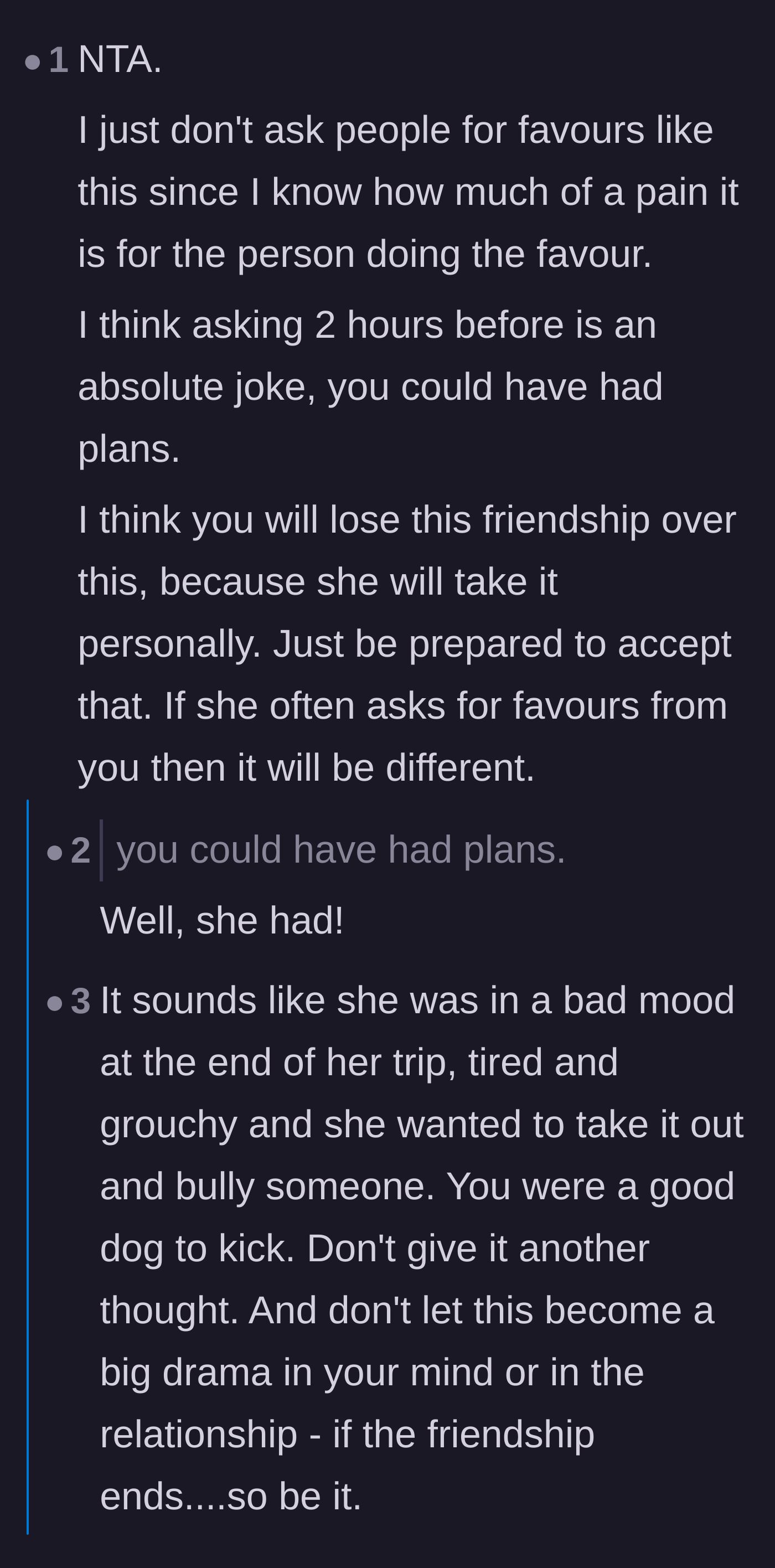 Comment thread 2 - A discussion on how two hours' notice is a joke and the friend was likely just looking for someone to bully.