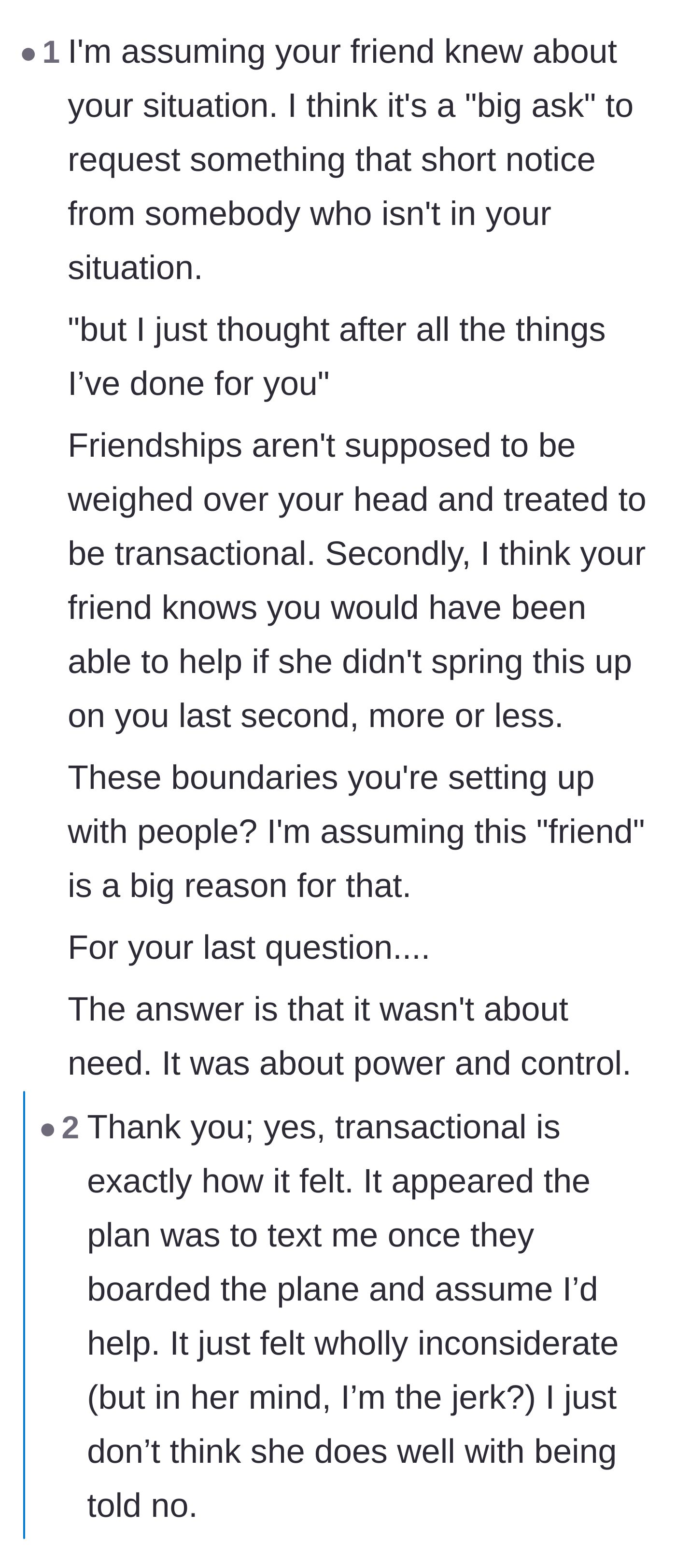 Comment thread 4 - A thread calling out the toxic, transactional nature of the friend's request and her need for power.