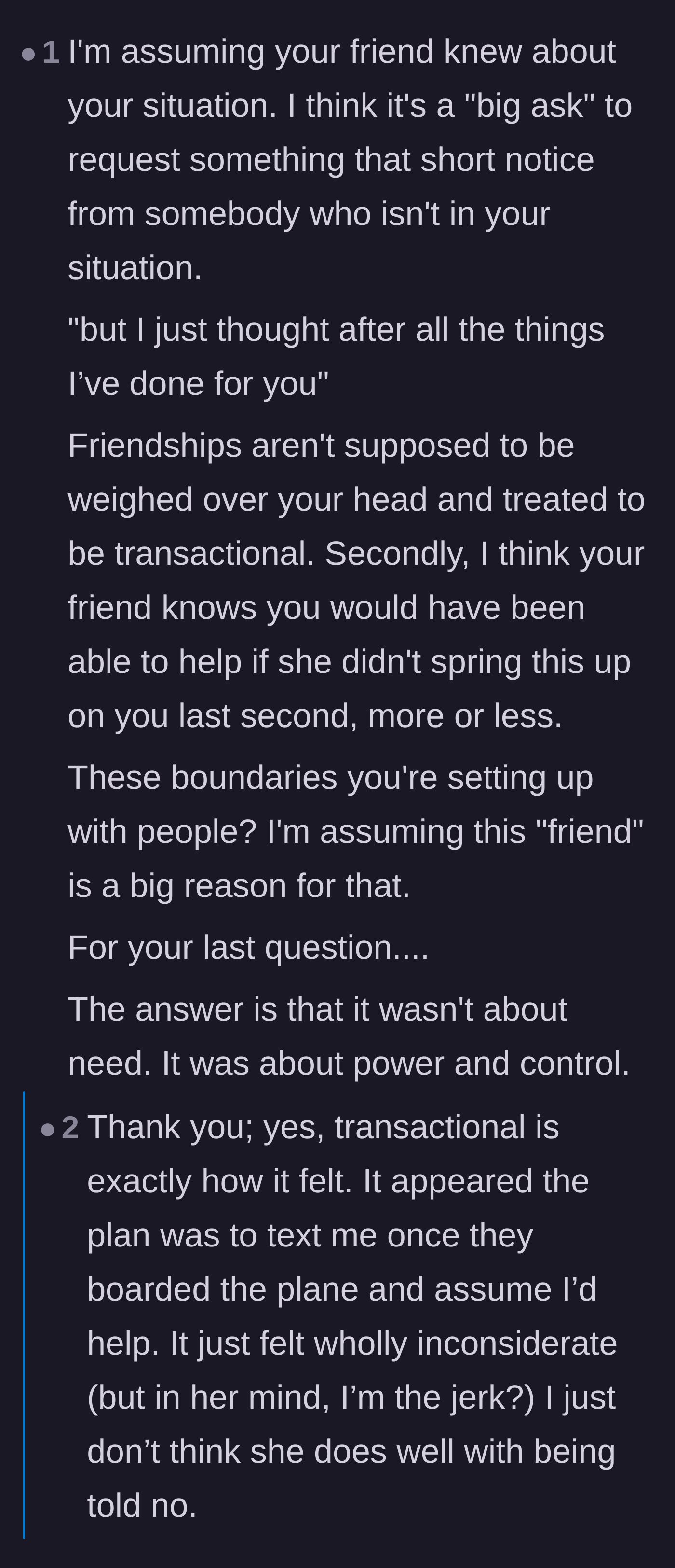Comment thread 4 - A thread calling out the toxic, transactional nature of the friend's request and her need for power.