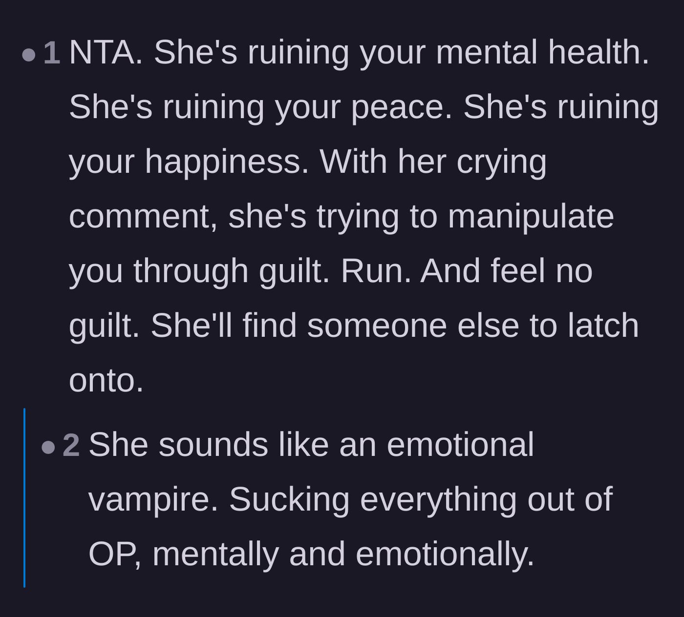 Comment thread 2 - Readers describe the roommate as an emotional vampire destroying the main character's peace.