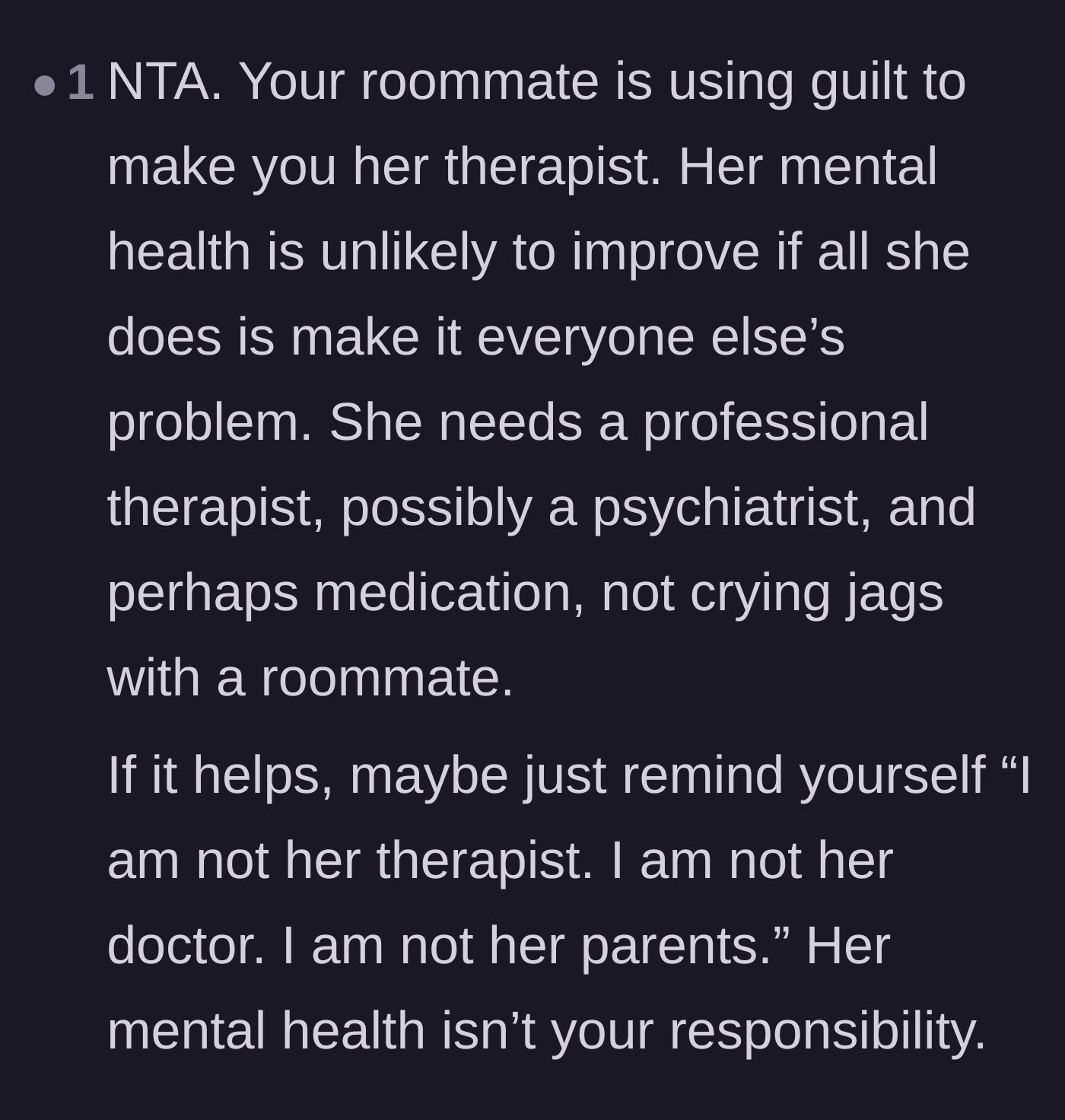 Comment thread 3 - Advice emphasizing that the main character is not a therapist and cannot bear this medical responsibility.