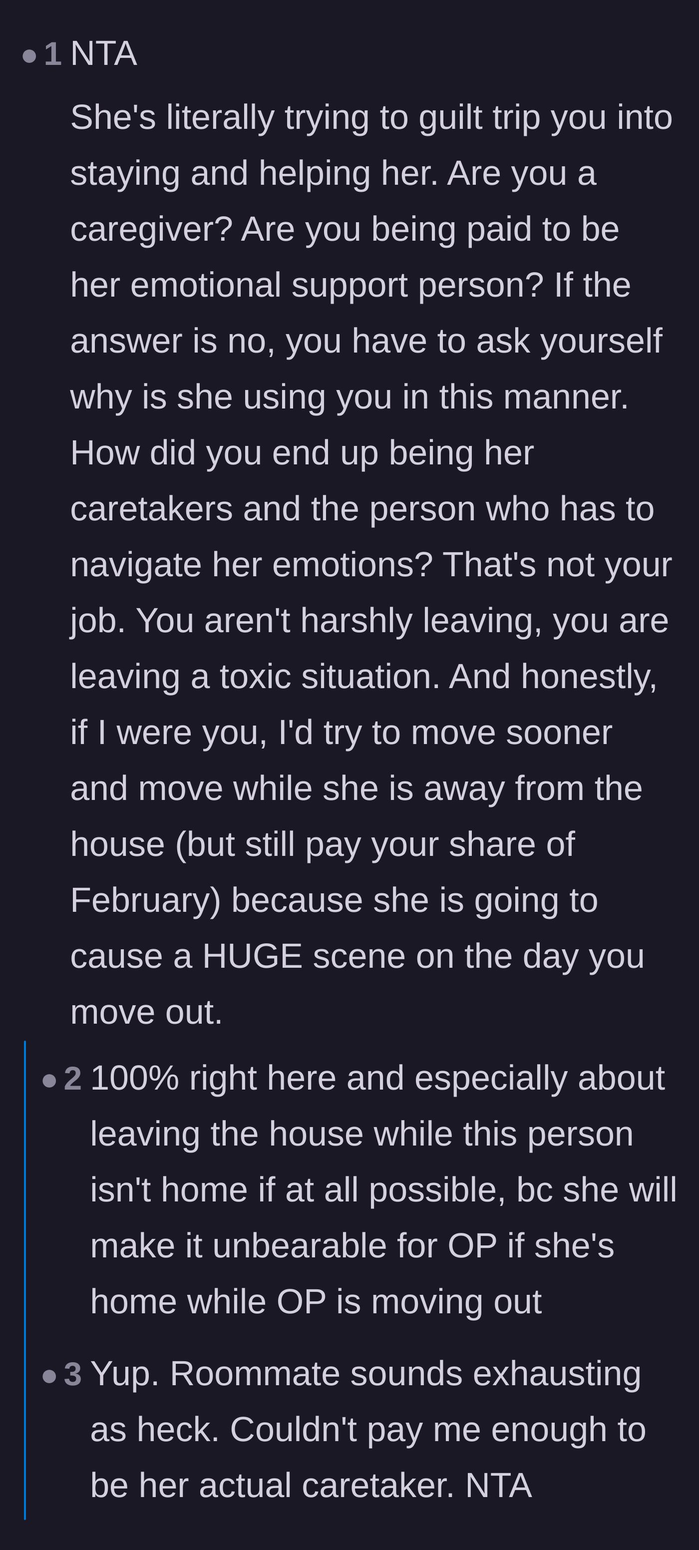 Comment thread 4 - A practical warning urging the main character to quietly move out while the roommate is not home.