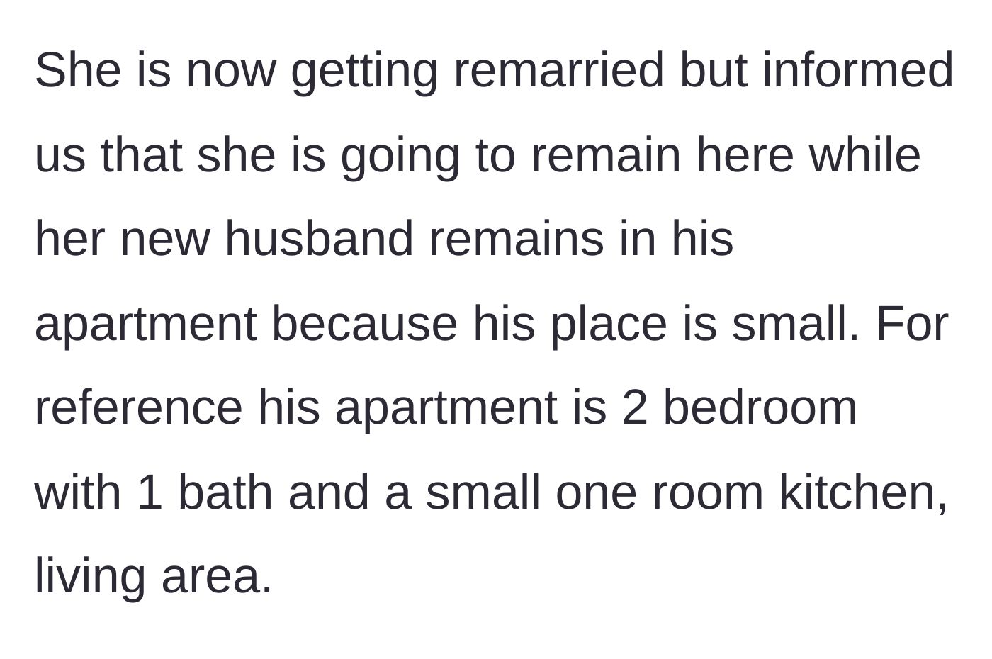 Story part 2 - Daughter announces she will stay in the basement after remarrying while her new husband keeps his apartment.