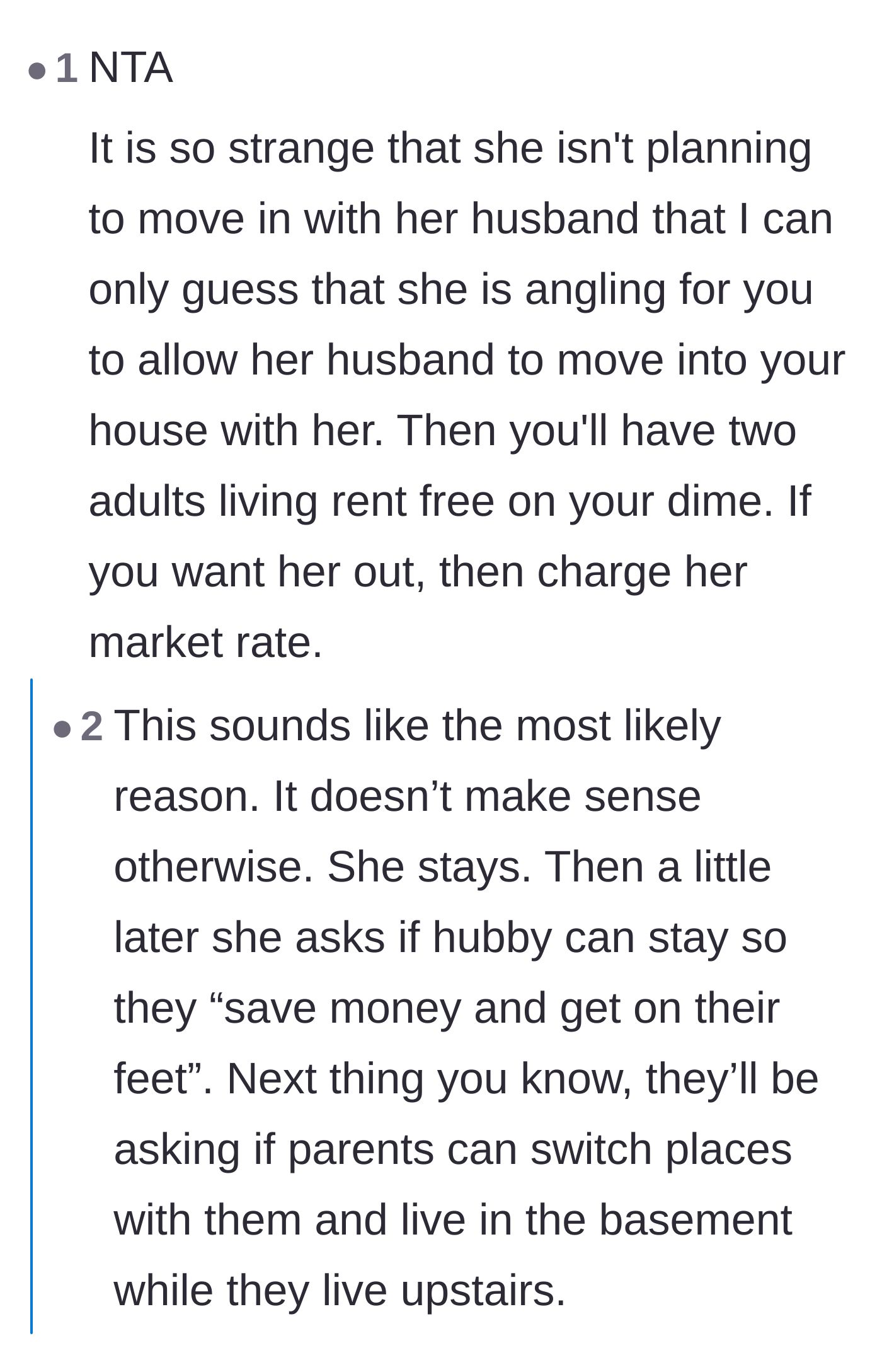 Comment thread 1 - Readers theorize that the daughter is actually plotting to move her new husband into the parents' basement rent-free.