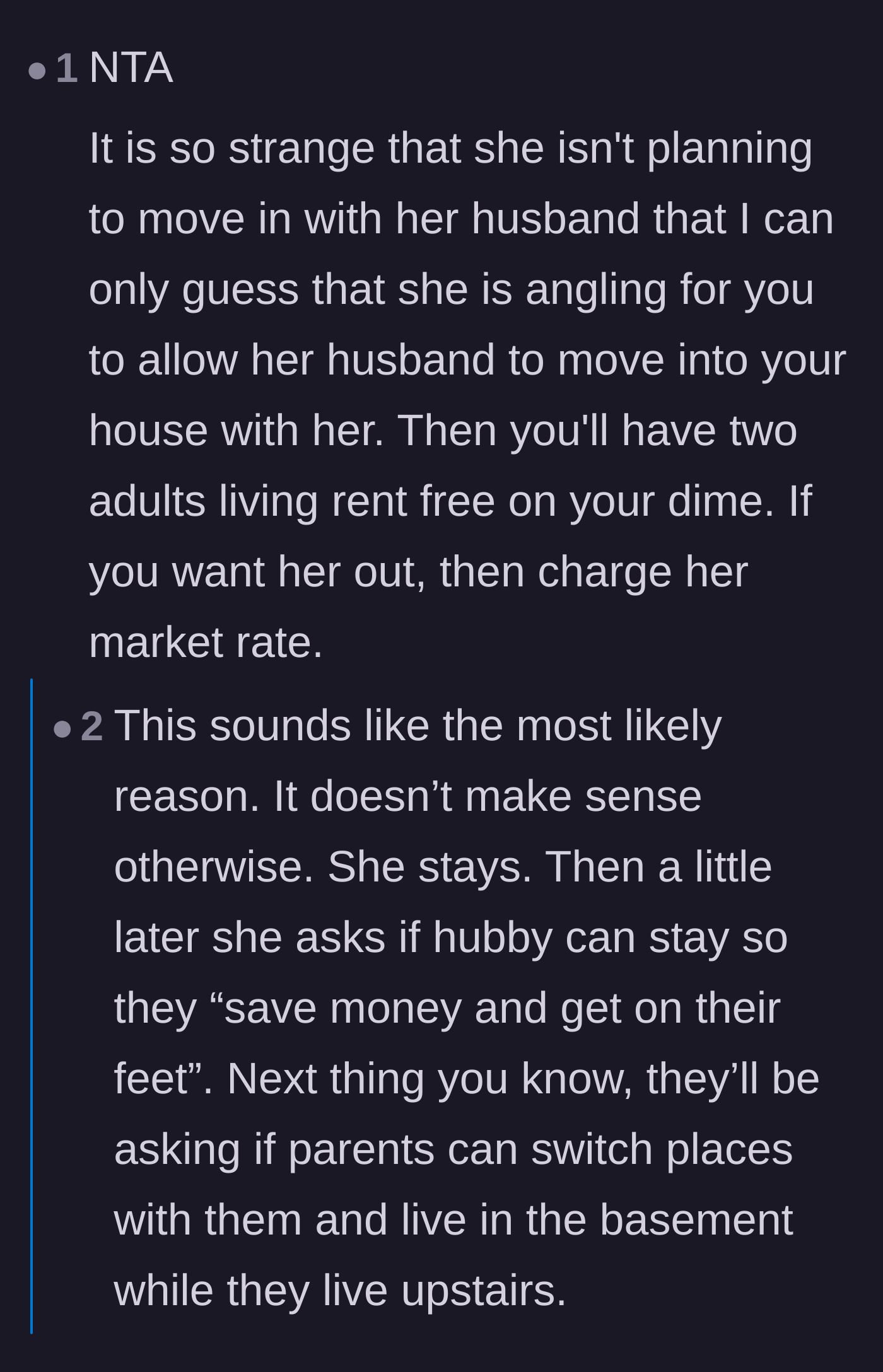 Comment thread 1 - Readers theorize that the daughter is actually plotting to move her new husband into the parents' basement rent-free.