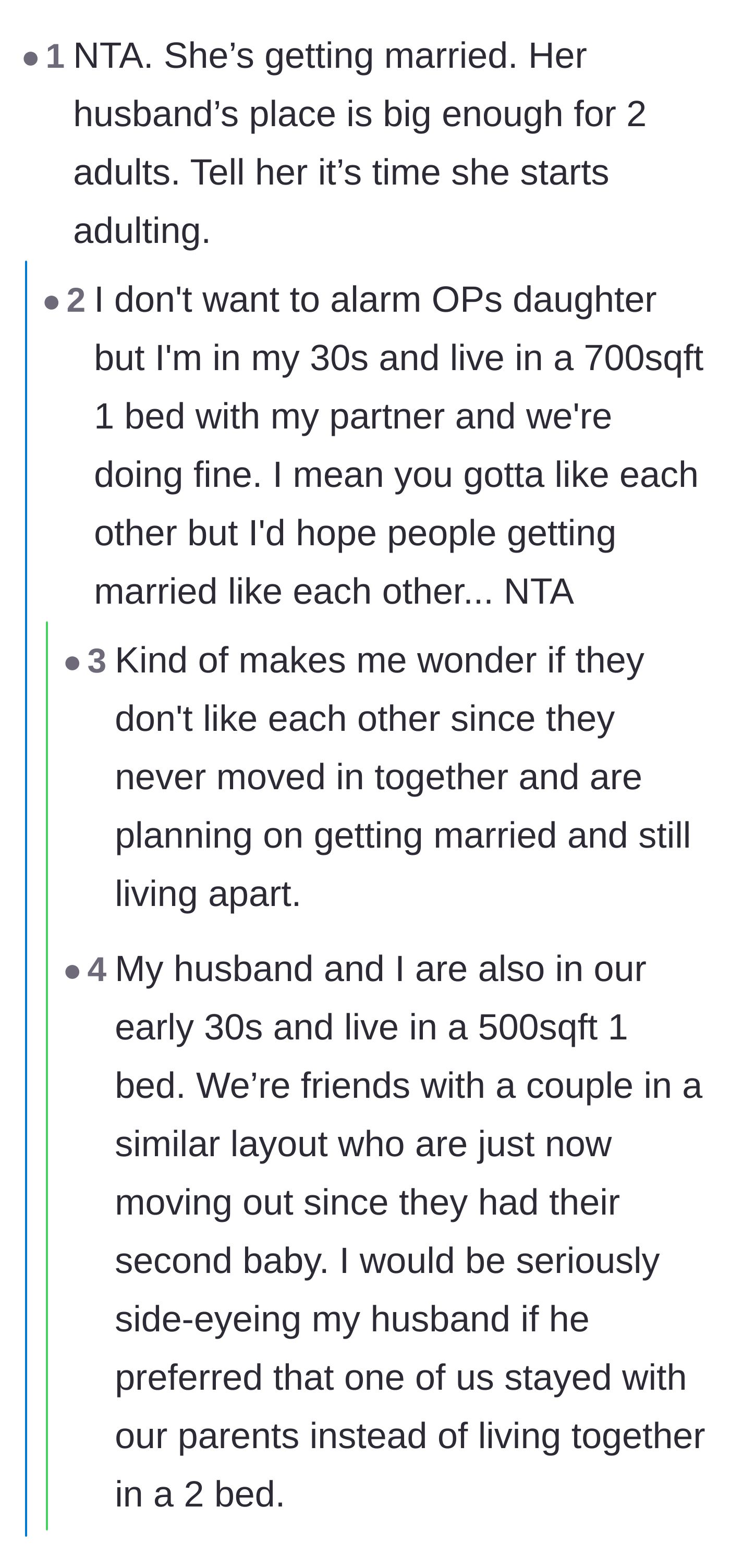 Comment thread 2 - Users point out that a two-bedroom apartment is plenty of space for a married couple and share their own small-living success stories.